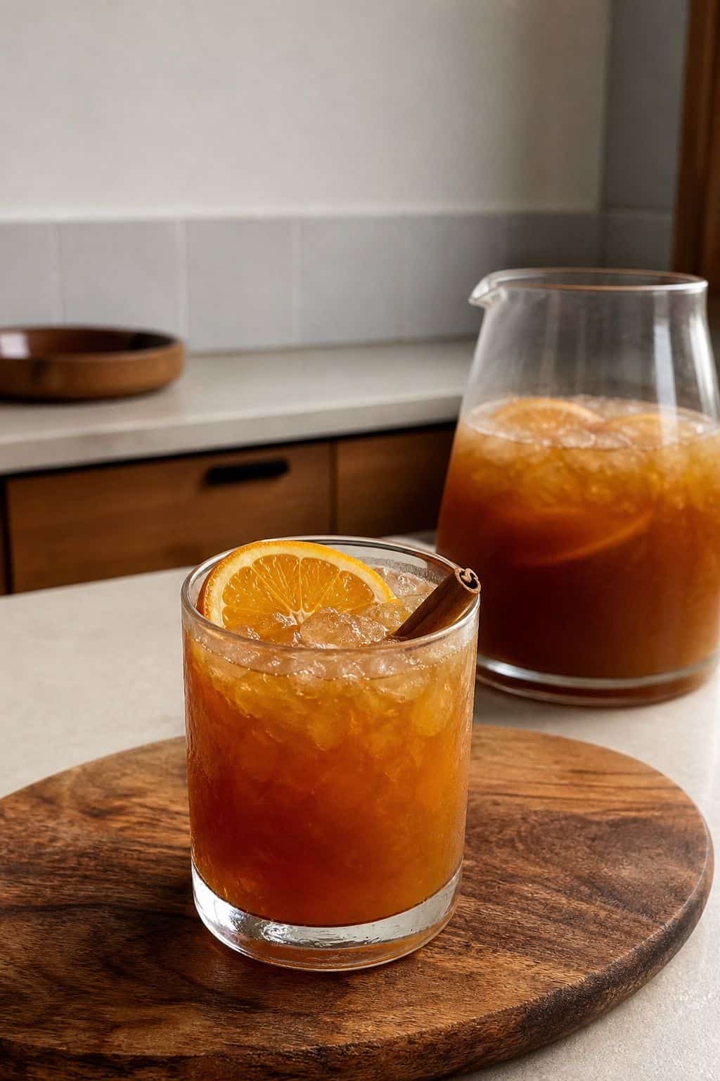 Glass of chai-spiced rum punch with orange and cinnamon beside a pitcher.