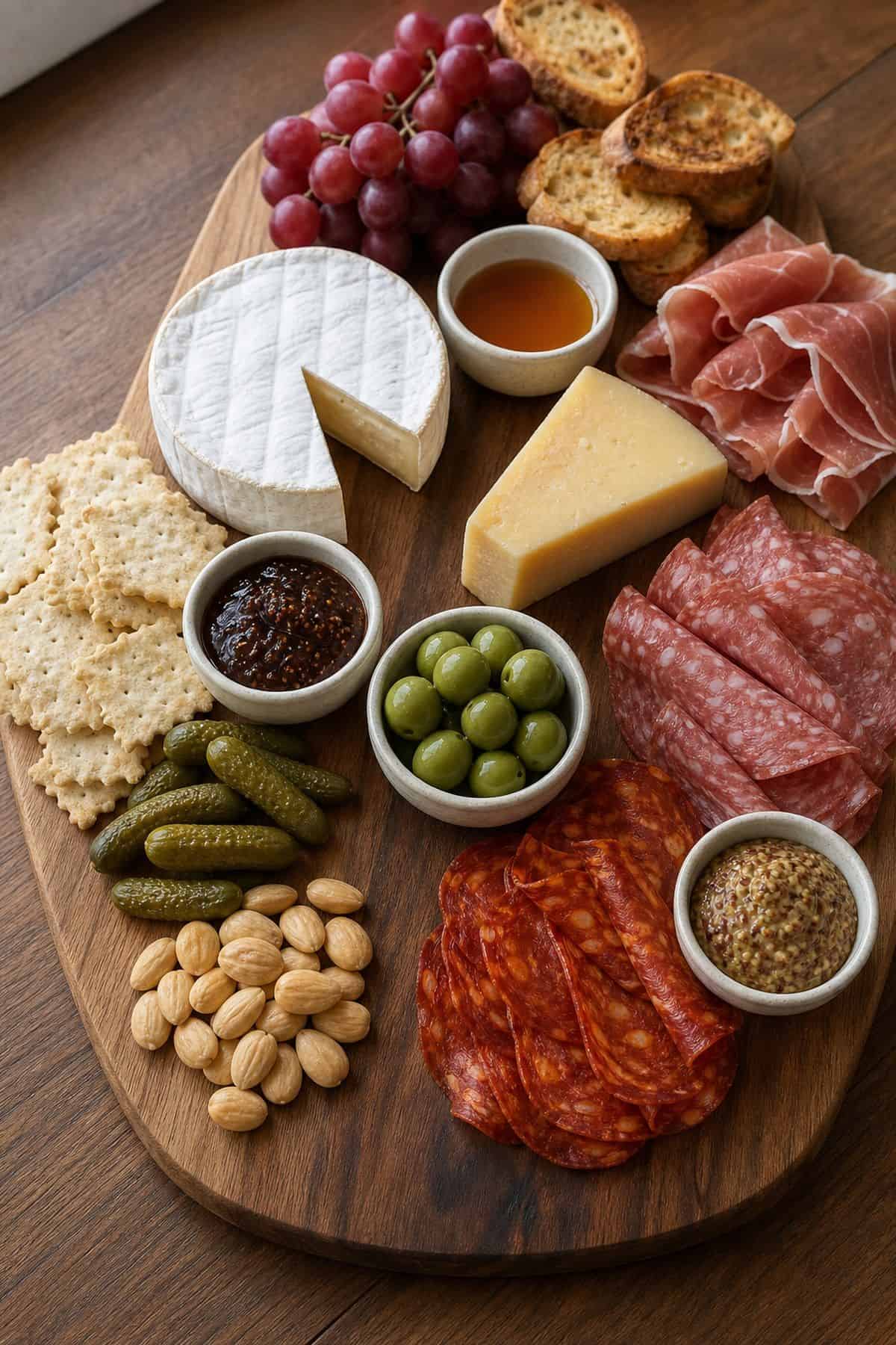 Cheese and Charcuterie Board Recipe Cheese and charcuterie board with brie, aged cheese, cured meats, grapes, olives, cornichons, almonds, crackers, honey, jam, and mustard.