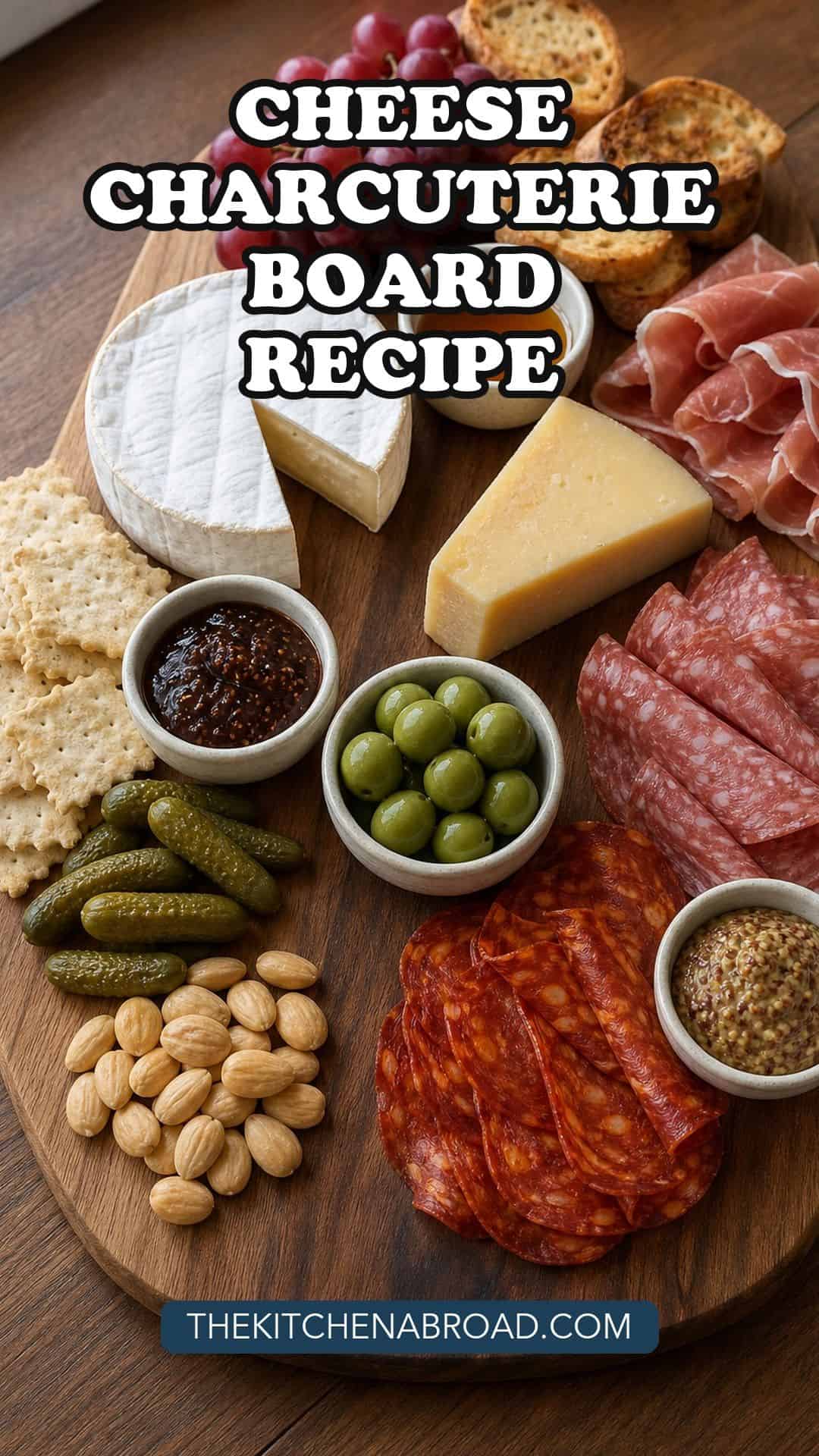 Cheese and Charcuterie Board Recipe Cheese and charcuterie board recipe pin with cheeses, cured meats, grapes, olives, crackers, and condiments on a wooden board.