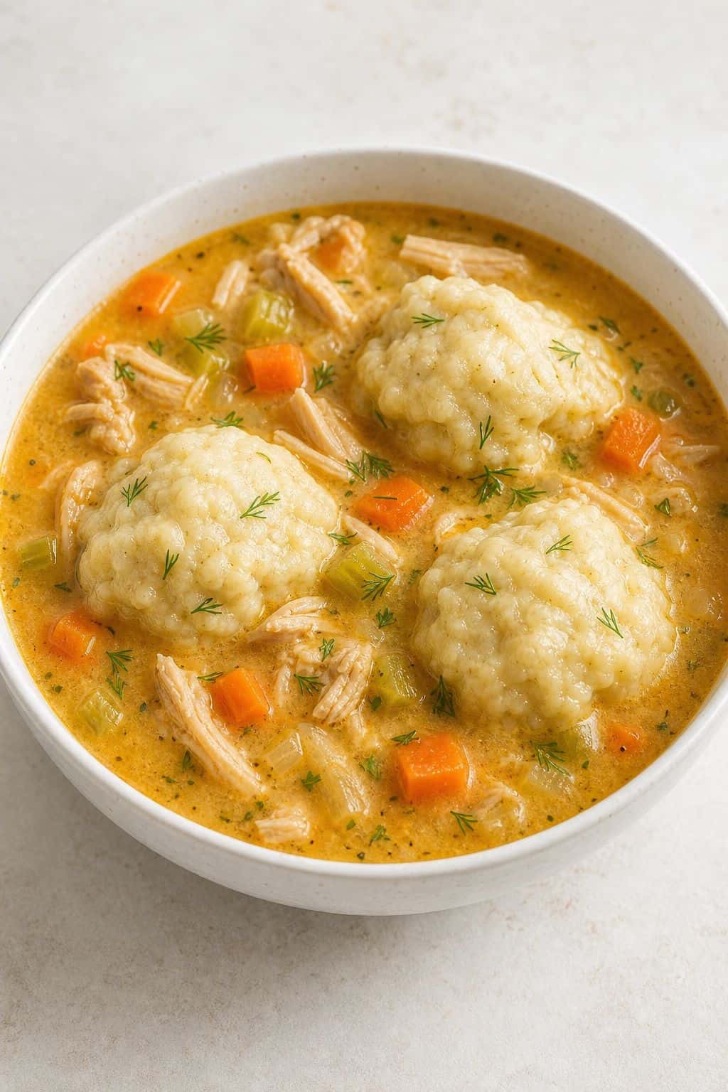 Tomato-Based Chicken and Dumpling Soup Recipe Tomato-based chicken and dumpling soup with shredded chicken, vegetables, buttermilk drop dumplings, and fresh dill.