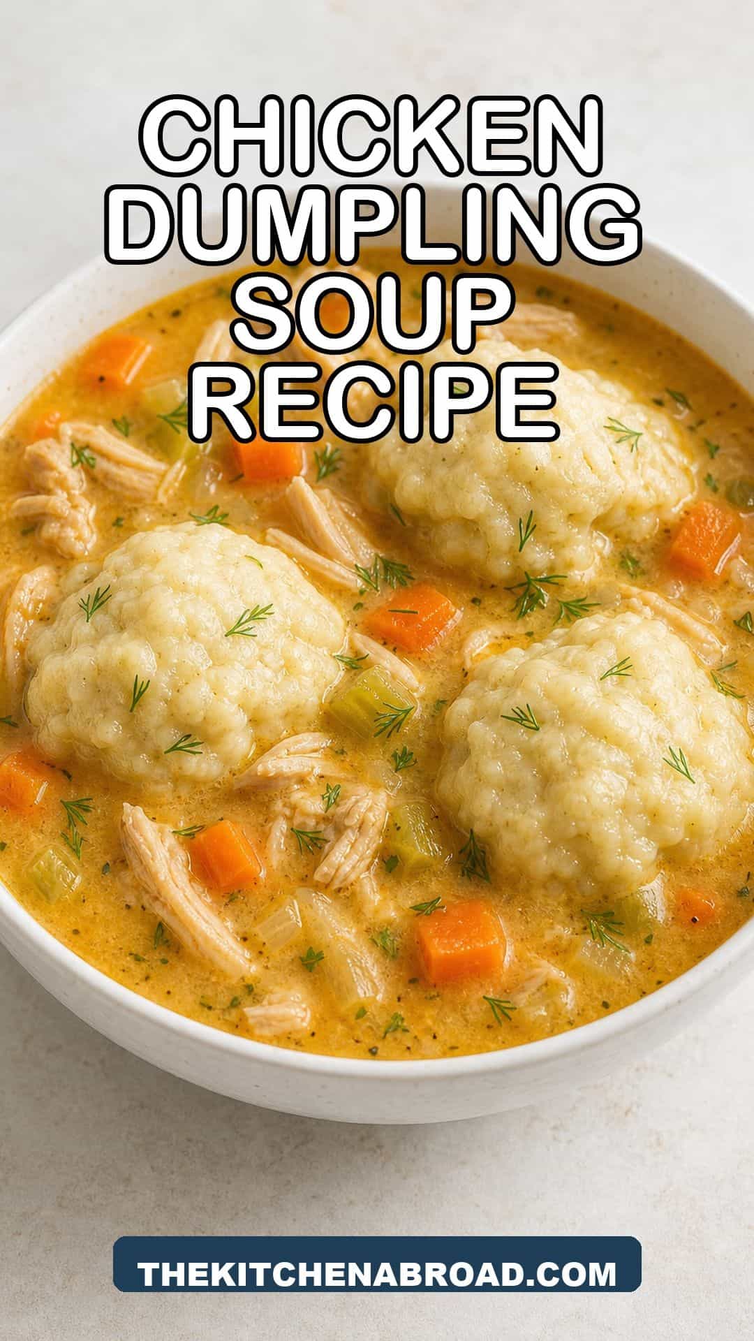 Tomato-Based Chicken and Dumpling Soup Recipe Tomato-based chicken and dumpling soup recipe Pinterest pin with a rustic bowl of soup and buttermilk dumplings.