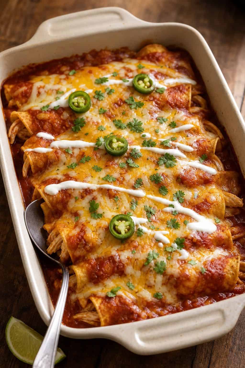 Chicken Enchiladas (Red Sauce, Easy Roll) Chicken Enchiladas (Red Sauce, Easy Roll) baked with red enchilada sauce, melted cheese, crema, cilantro, jalapeno, and lime