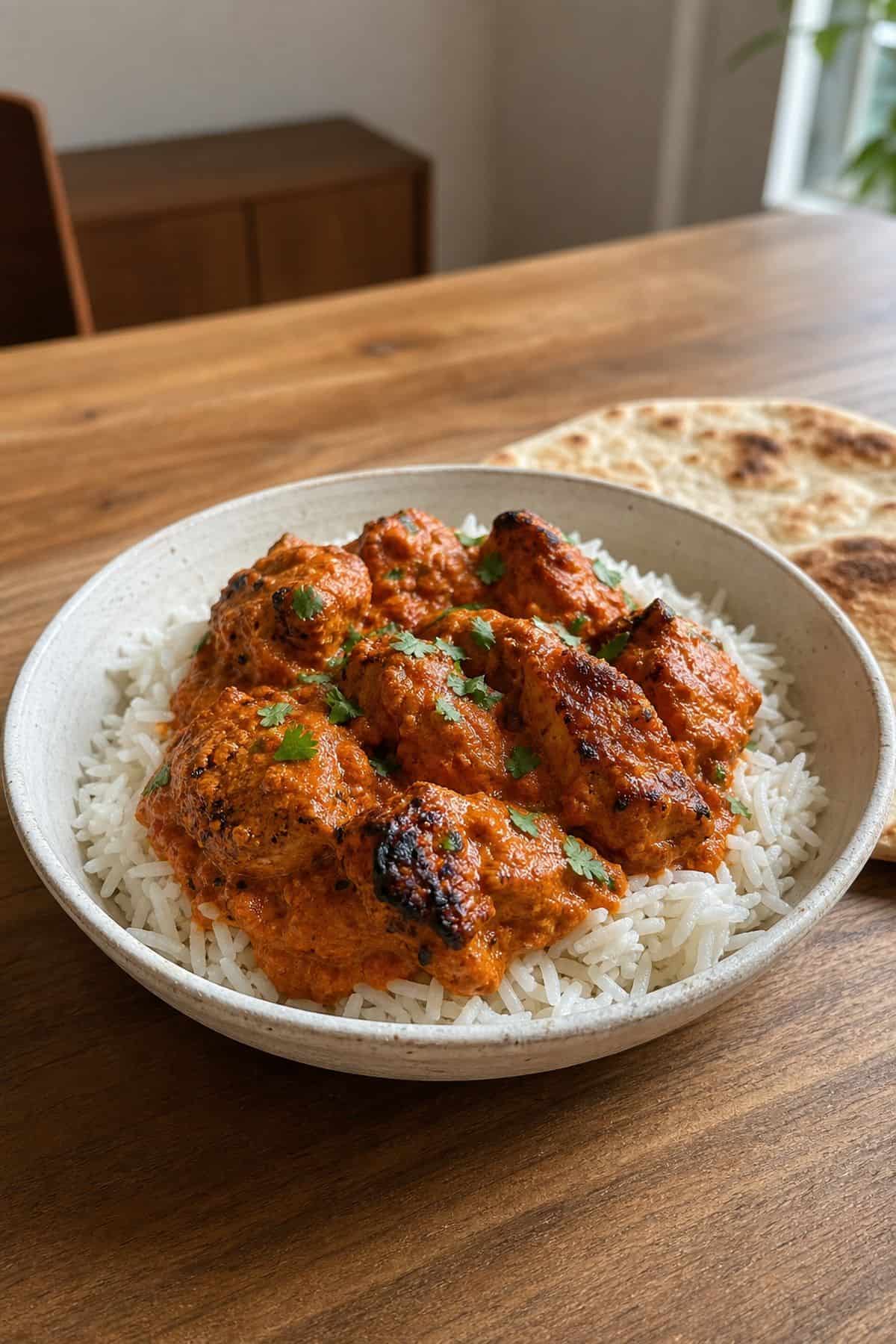 Easy Chicken Tikka Masala (Yogurt Marinade, Restaurant Style) Chicken tikka masala with basmati rice and naan
