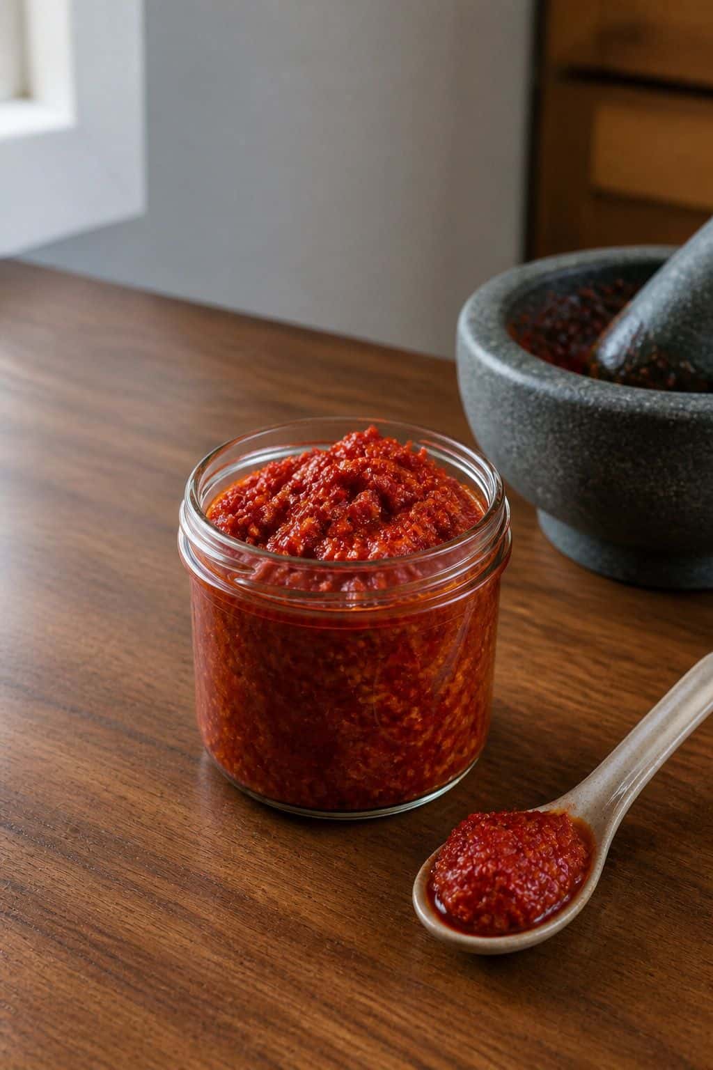 Sambal Oelek Recipe (Indonesian Chili Paste) Homemade chili sambal oelek in a glass jar with a spoon on a wood counter