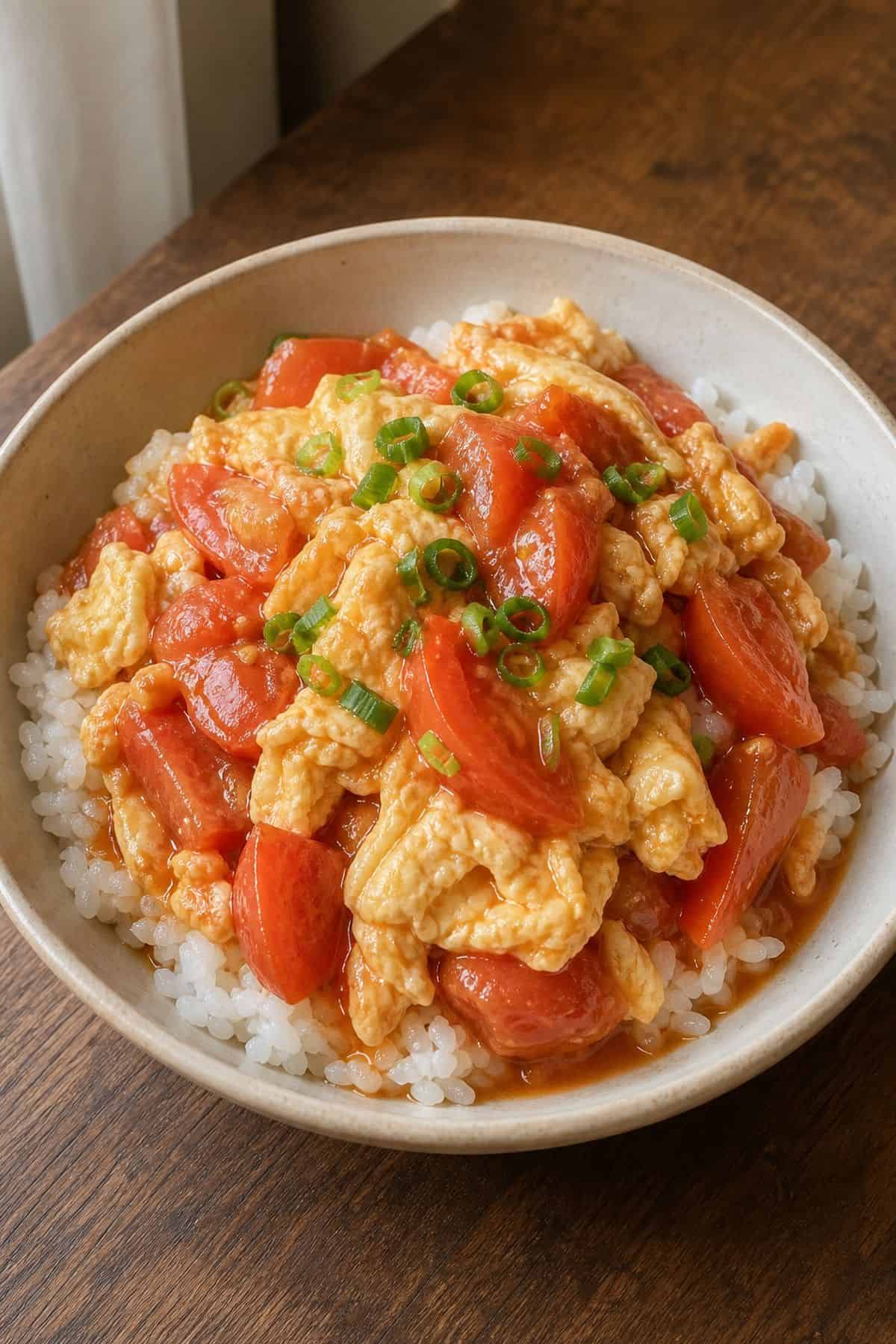 Chinese tomato and egg stir fry served over white rice in a shallow bowl.