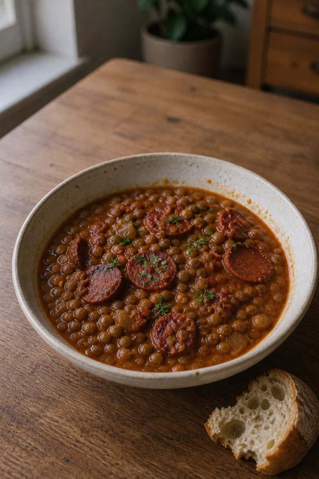 Easy Chorizo and Lentil Stew Recipe Chorizo and lentil stew in a rustic bowl with lentils tomato broth and sliced chorizo