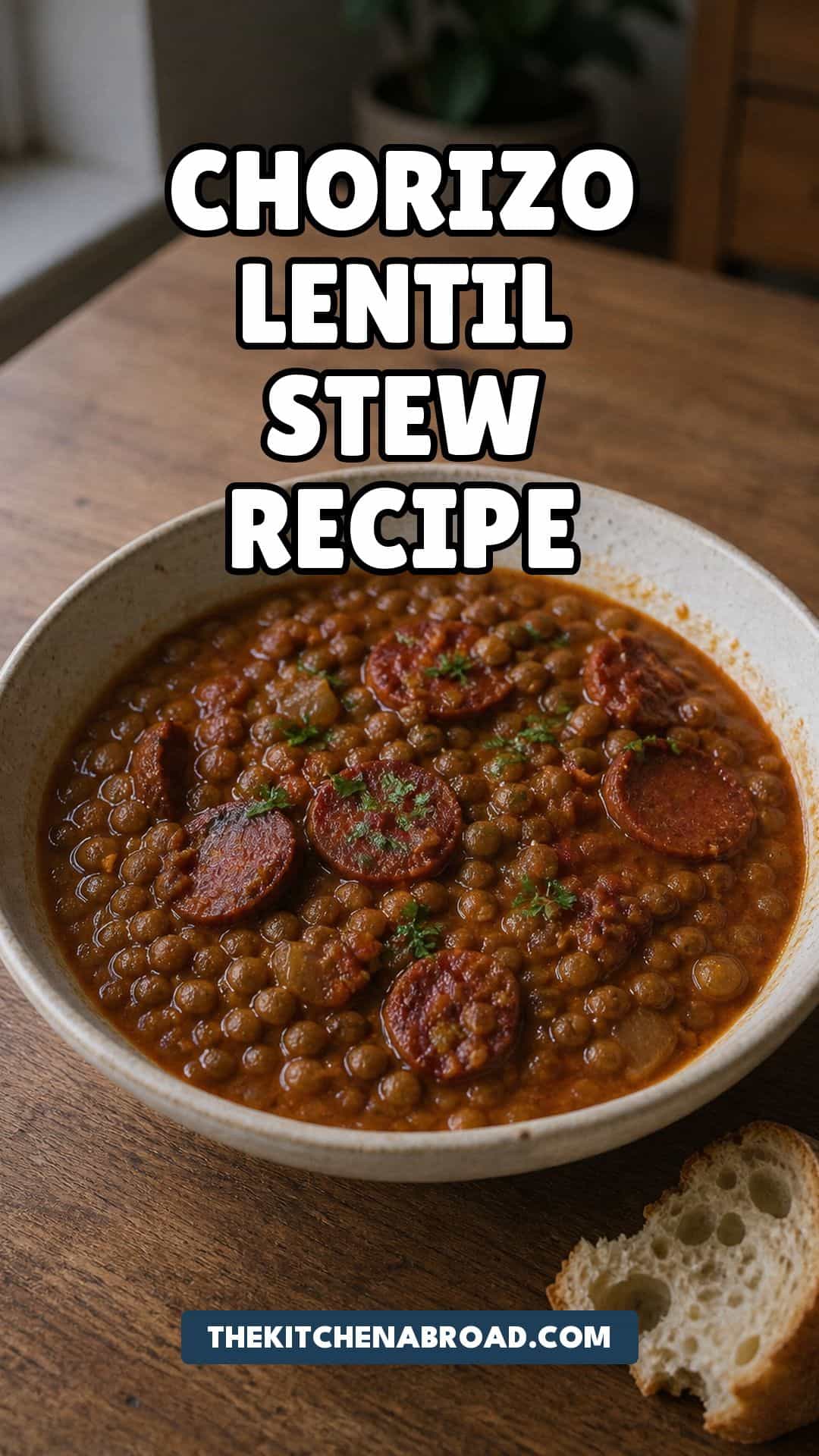 Easy Chorizo and Lentil Stew Recipe Chorizo and lentil stew recipe pin with a rustic bowl of tomato lentil stew