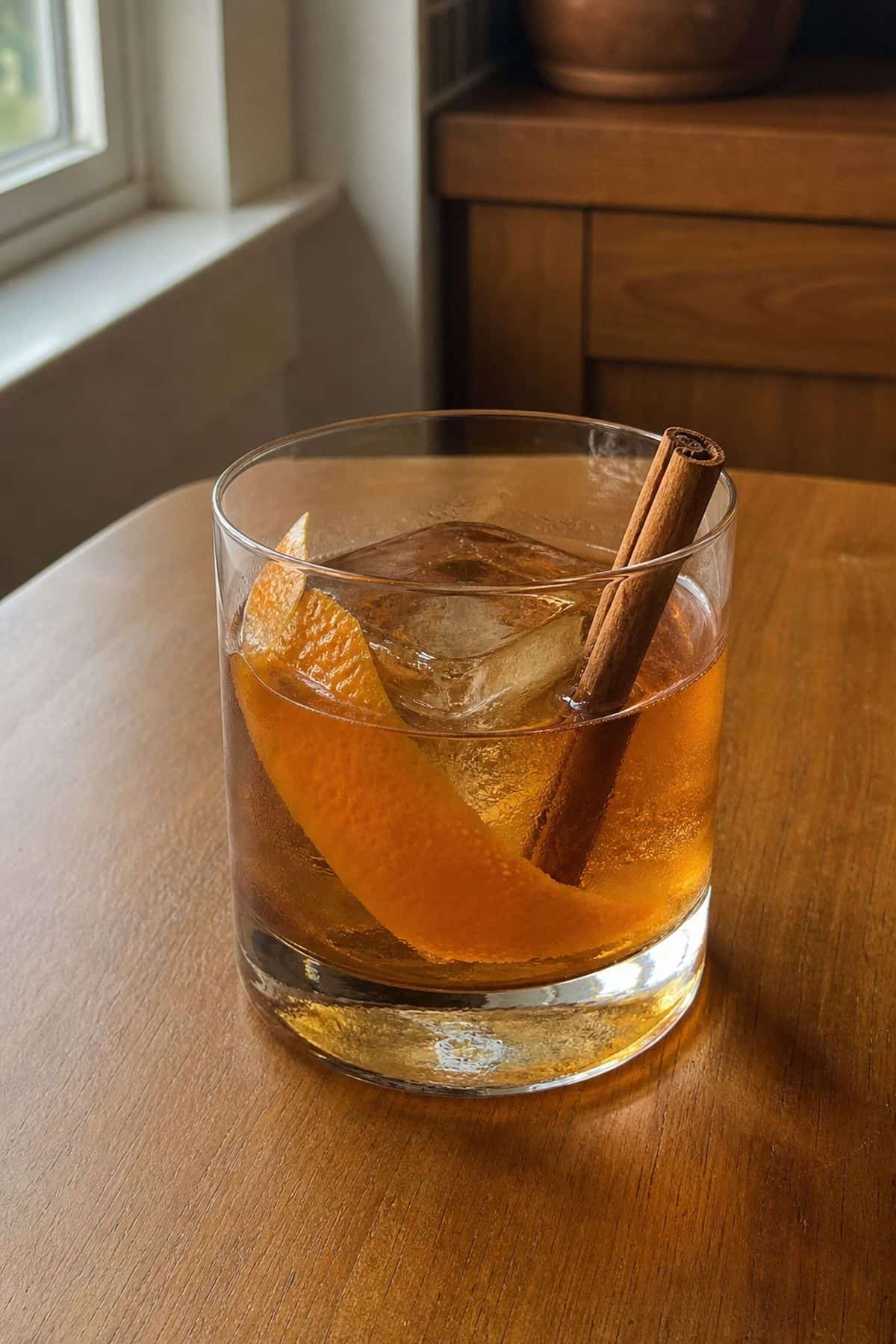 Cinnamon old fashioned cocktail with rye whiskey, orange peel, cinnamon stick, and one large clear ice cube.