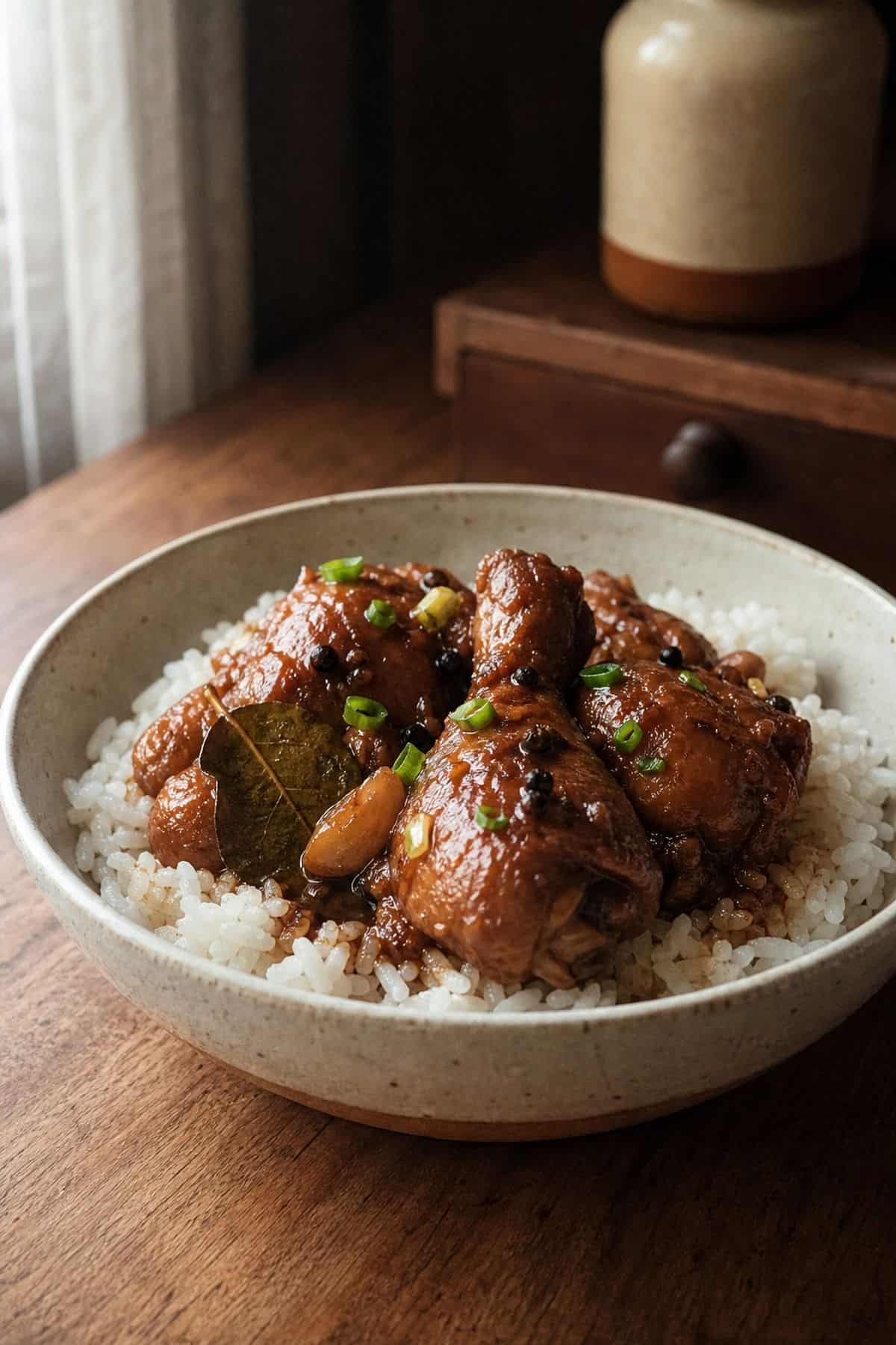Classic Chicken Adobo Recipe (Chicken in Garlic Soy Sauce Glaze) Classic chicken adobo served over steamed white rice
