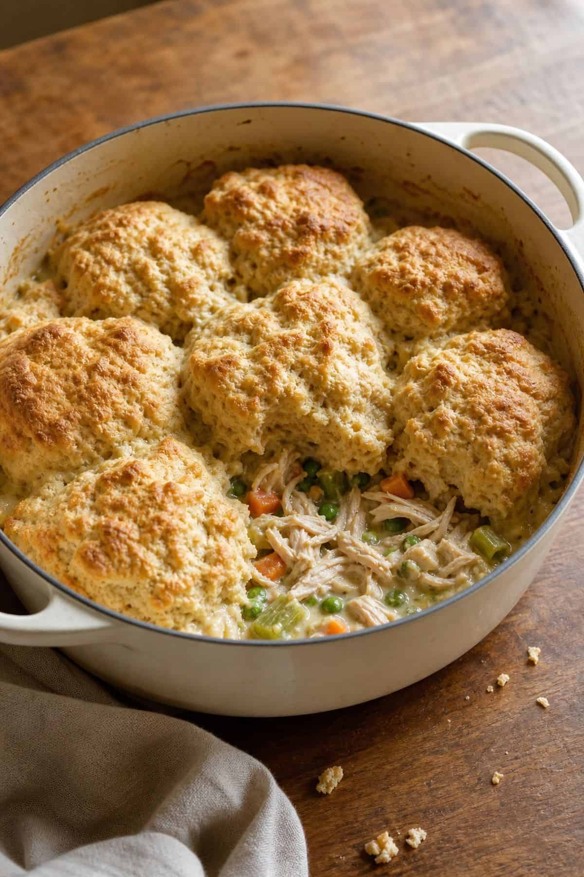 Classic Chicken Pot Pie (Biscuit-Topped, From Scratch) Biscuit topped classic chicken pot pie with shredded chicken carrots celery and peas