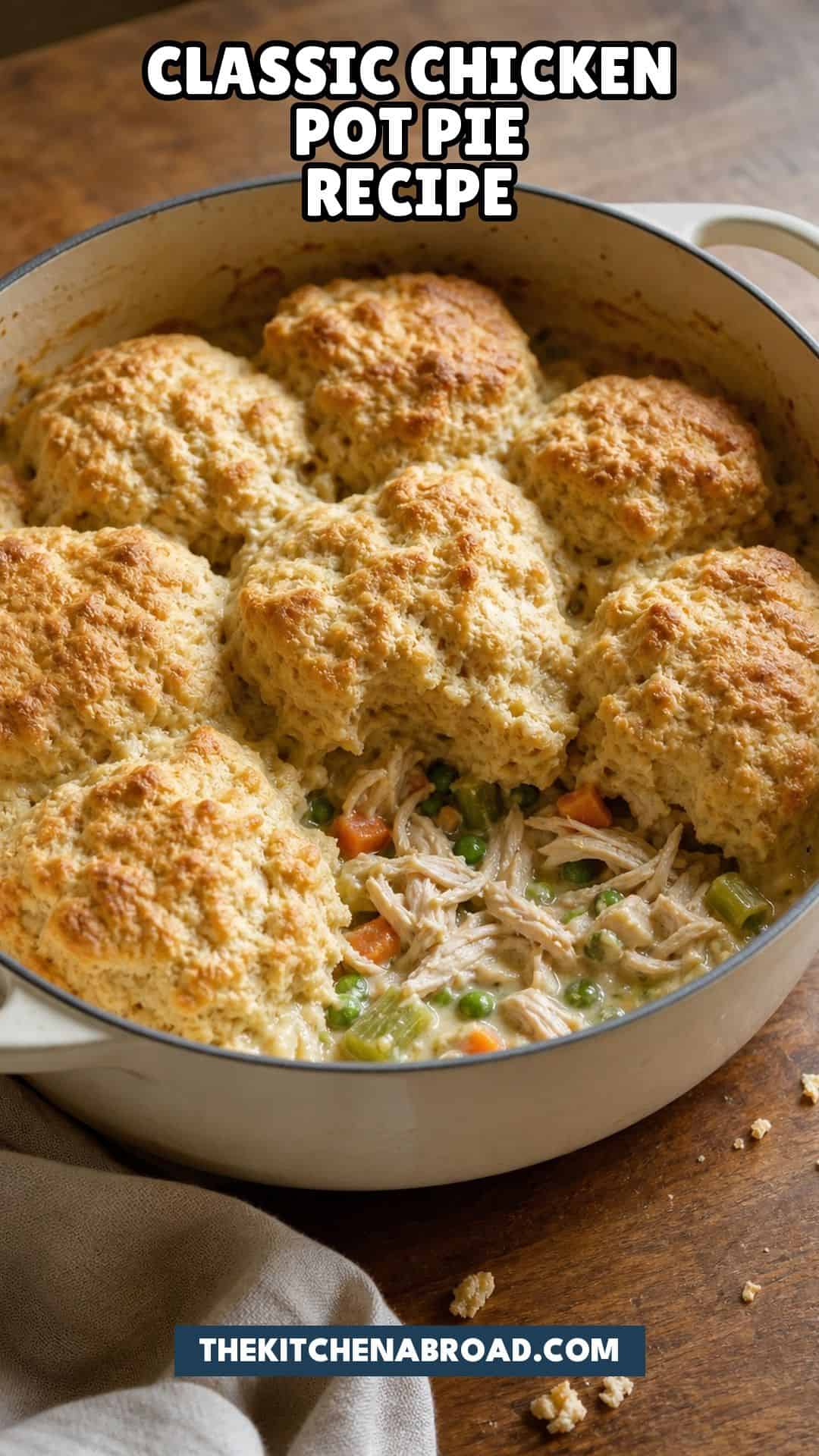 Classic Chicken Pot Pie (Biscuit-Topped, From Scratch) Pinterest pin for classic chicken pot pie recipe