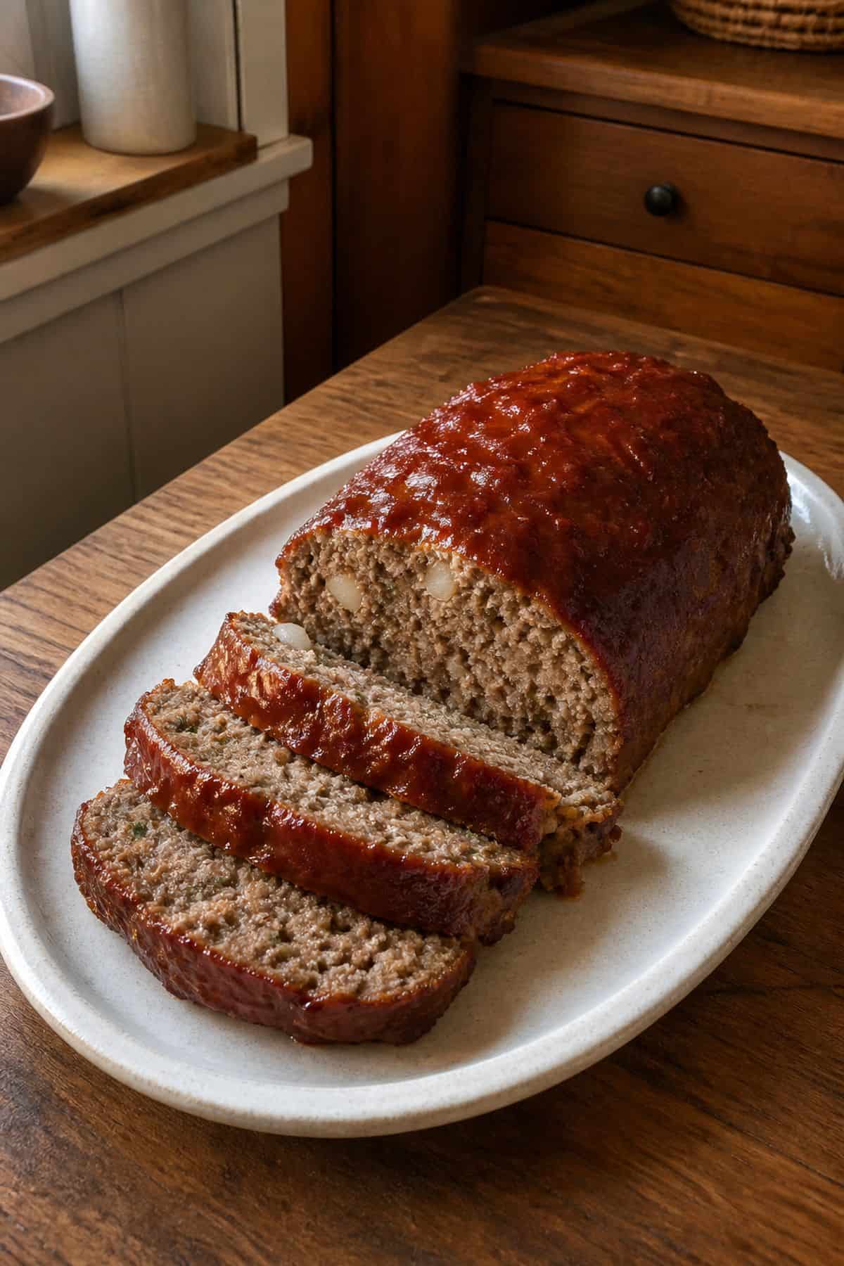 Sliced classic homemade meatloaf with tangy ketchup glaze on a ceramic platter.