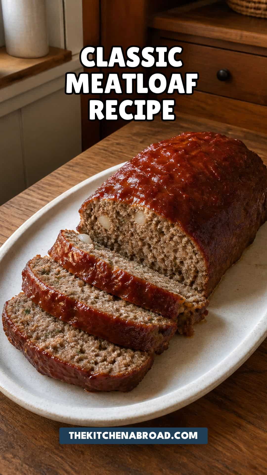 Pinterest pin for classic homemade meatloaf recipe with sliced glazed meatloaf on a ceramic platter.