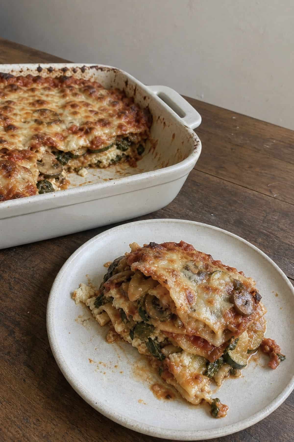 Classic vegetarian lasagna slice with mushrooms, zucchini, spinach, ricotta, marinara, and melted cheese