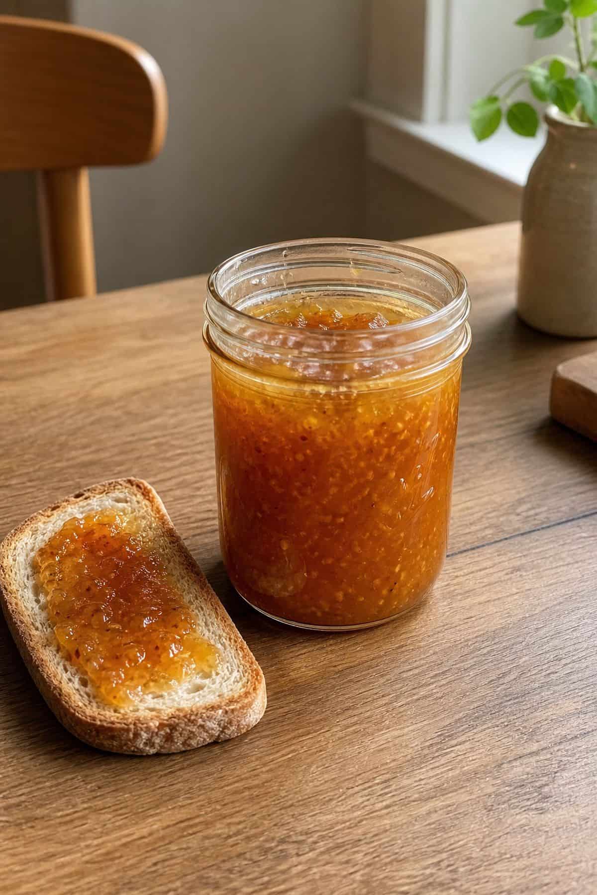 Homemade cloudberry jam in a Mason jar with a slice of toast