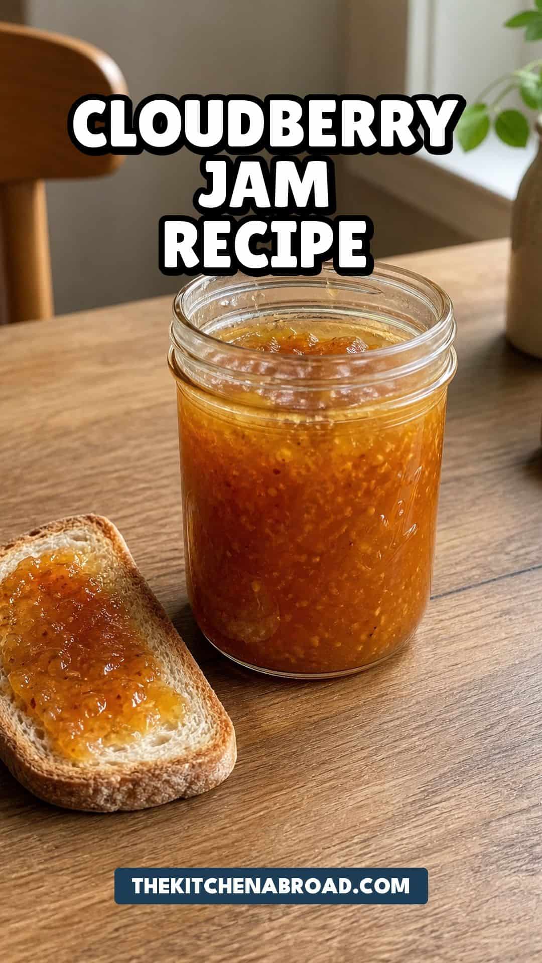 Cloudberry jam recipe pin with a jar of golden homemade cloudberry jam and toast