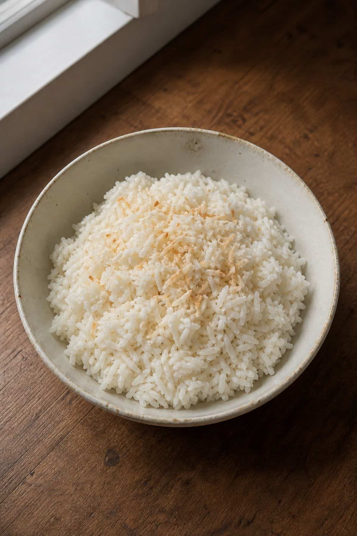 Coconut Rice Recipe (In a Rice Cooker) Fluffy coconut rice in a ceramic bowl with toasted coconut on top