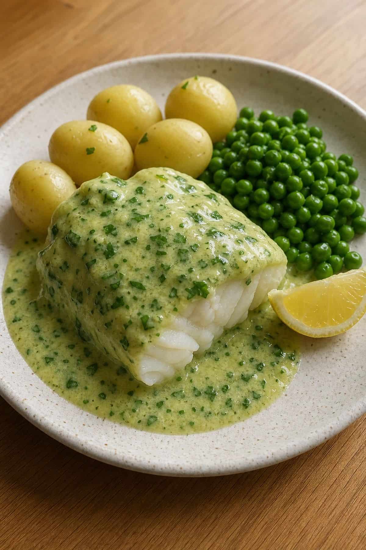 Cod in parsley sauce with boiled potatoes, peas, and a lemon wedge on a white plate.