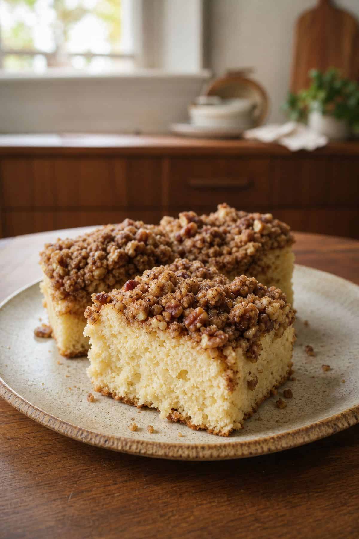 Coffee Cake Recipe Slices of homemade sour cream coffee cake with cinnamon streusel crumb topping.