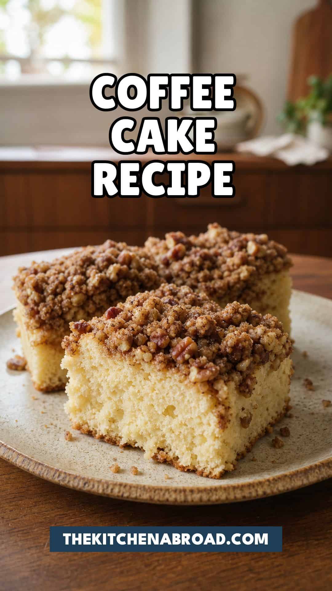 Coffee Cake Recipe Coffee cake recipe pin with streusel-topped coffee cake slices.