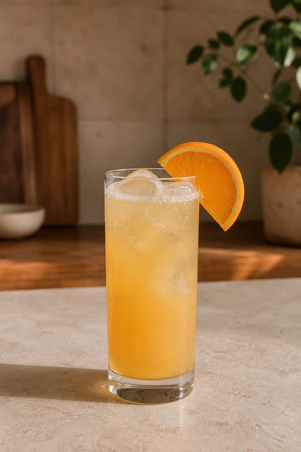 Cortisol Cocktail Recipe Cortisol cocktail in a tall glass with ice and an orange slice