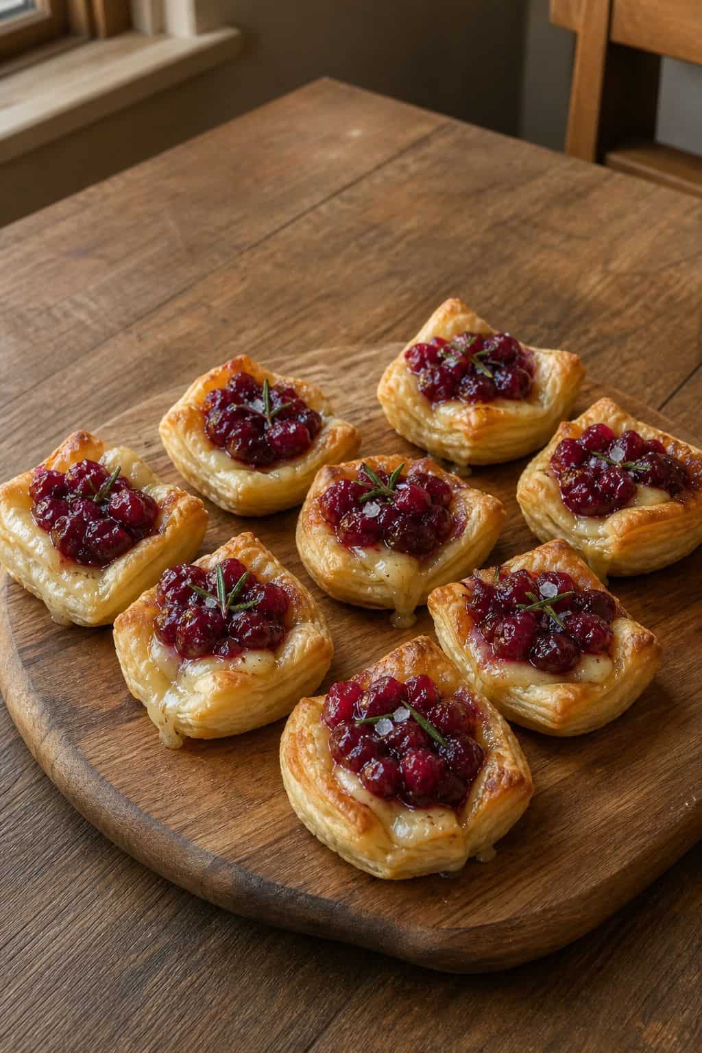 Cranberry Brie Bites Recipe Cranberry brie bites on a wood board with melted brie and cranberry orange compote