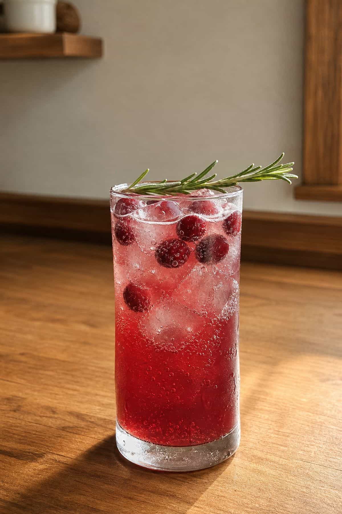 Cranberry ginger fizz mocktail in a Collins glass with frozen cranberries and rosemary.