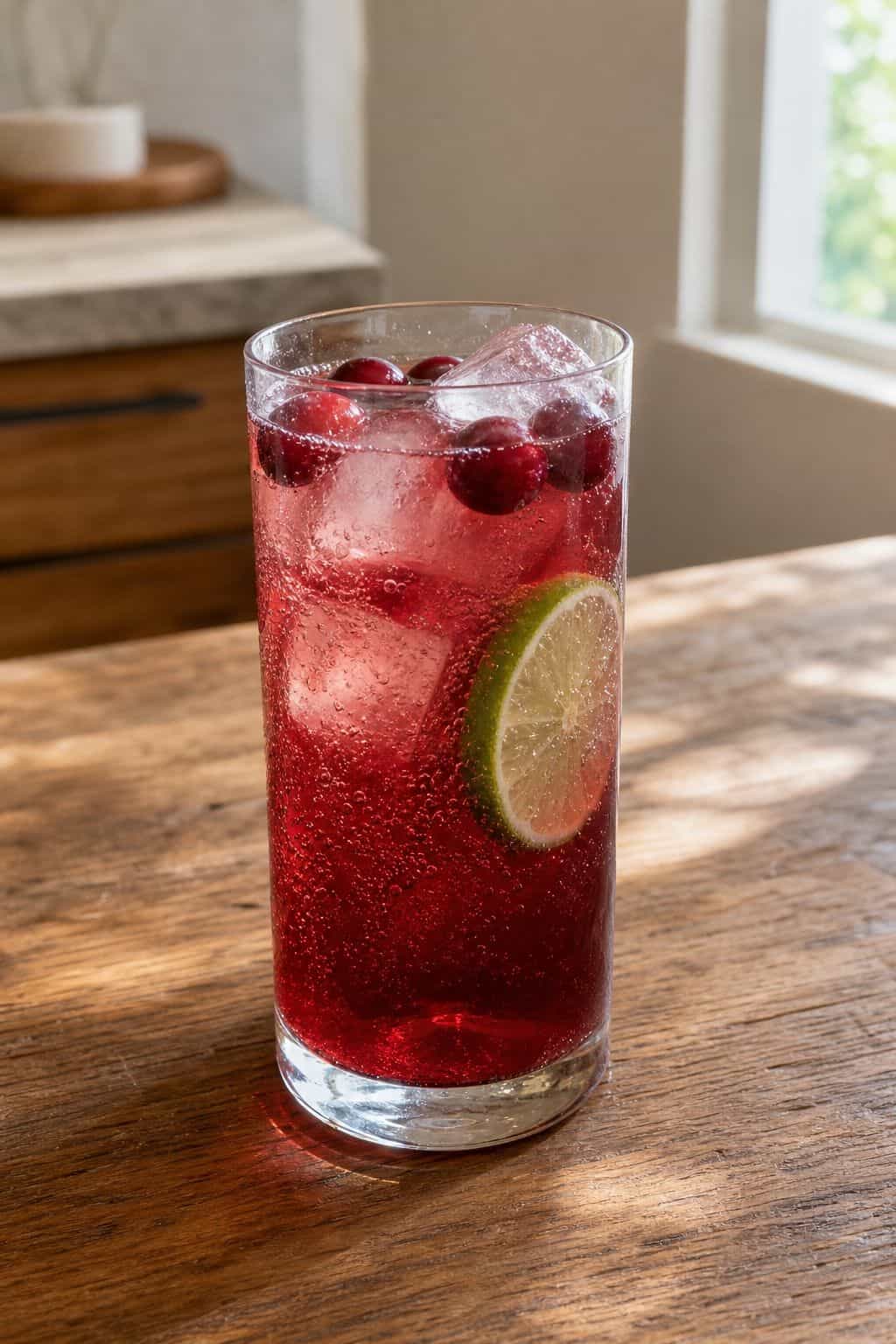 Cranberry lime fizz mocktail in a Collins glass with ice, lime wheel, and fresh cranberries.