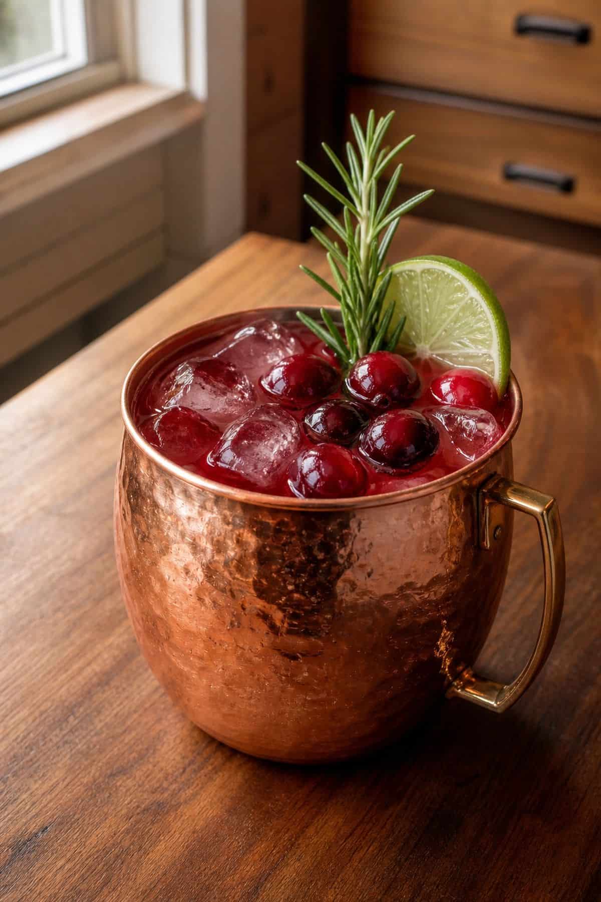 Cranberry Moscow Mule cocktail in a copper mug with cranberry and lime