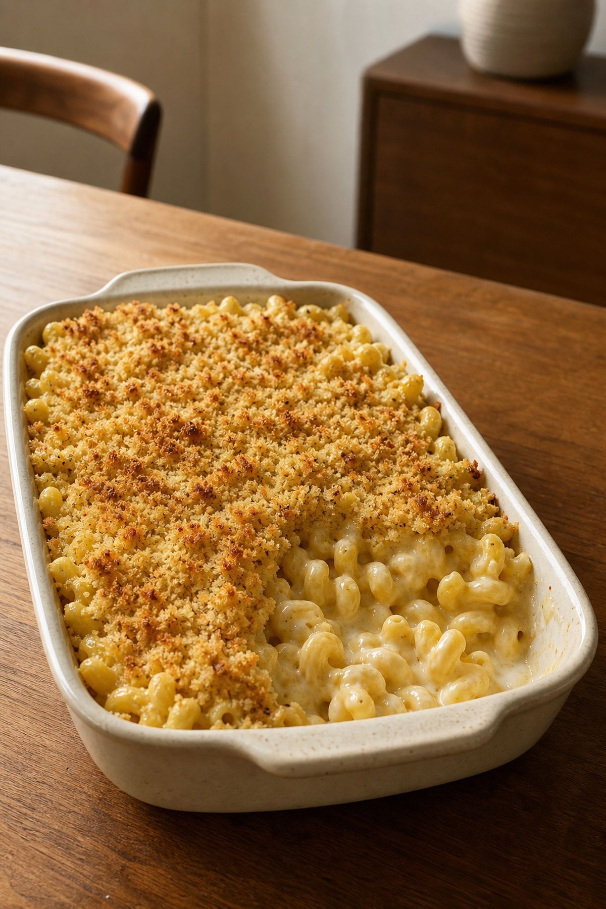 Creamy Baked Macaroni and Cheese (Never Grainy, Serves 8) Creamy baked macaroni and cheese with golden panko topping in a ceramic baking dish