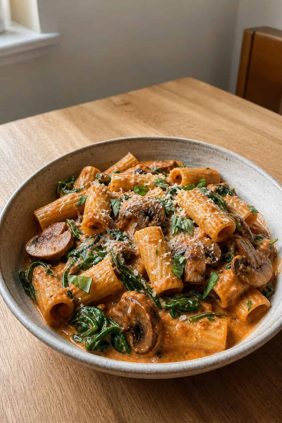 Creamy Tomato Pasta with Spinach and Mushrooms Creamy tomato pasta with spinach and mushrooms served in a shallow bowl.