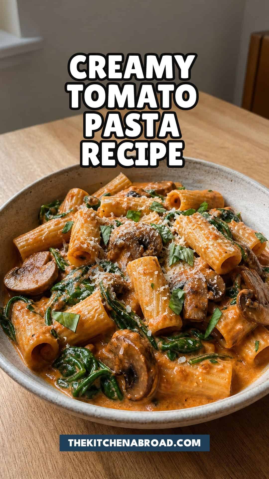 Creamy Tomato Pasta with Spinach and Mushrooms Creamy tomato pasta with spinach and mushrooms recipe pin with a cozy bowl of pasta.