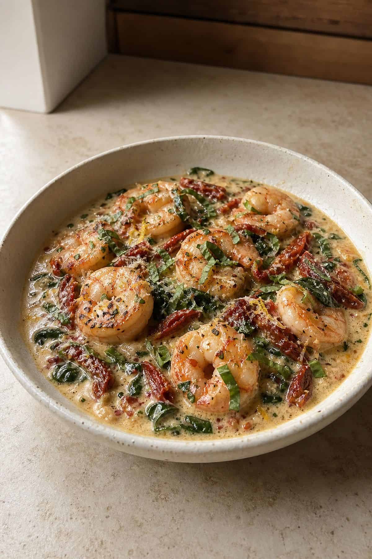 Creamy Tuscan Shrimp Recipe (Sun-Dried Tomato, 20 Minutes) Creamy Tuscan shrimp with sun-dried tomatoes, spinach, parmesan cream sauce, basil, and lemon zest.