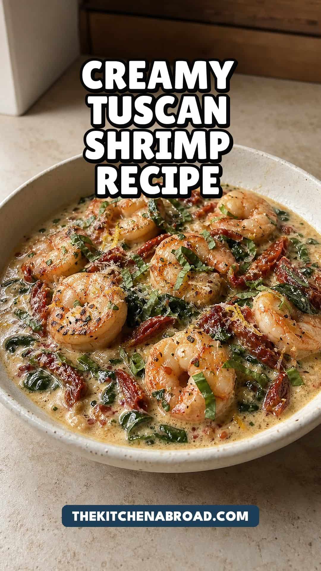 Creamy Tuscan Shrimp Recipe (Sun-Dried Tomato, 20 Minutes) Creamy Tuscan shrimp recipe Pinterest pin with shrimp in parmesan cream sauce, sun-dried tomatoes, and spinach.