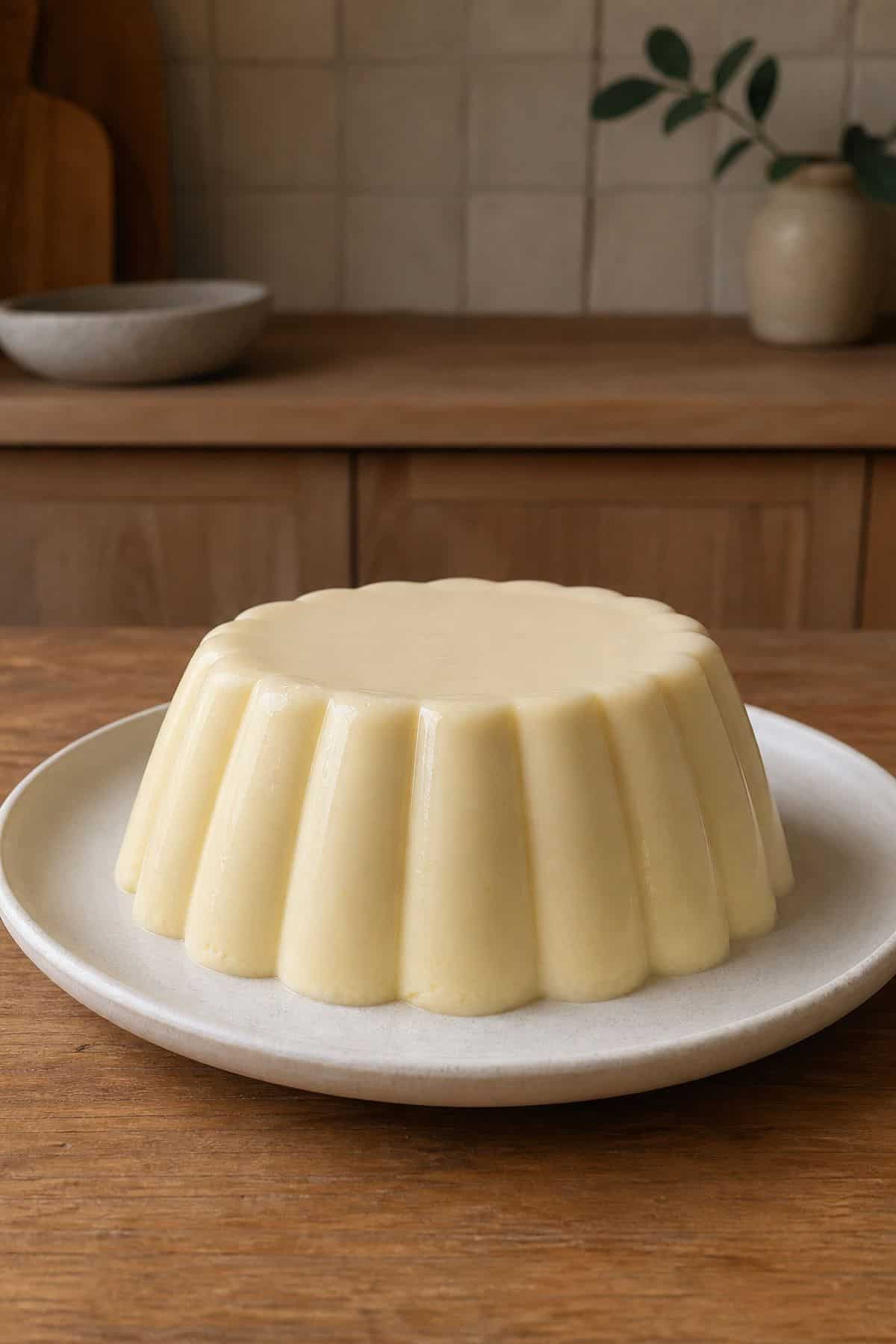 Plain vanilla creme bavarois unmolded on a ceramic plate.