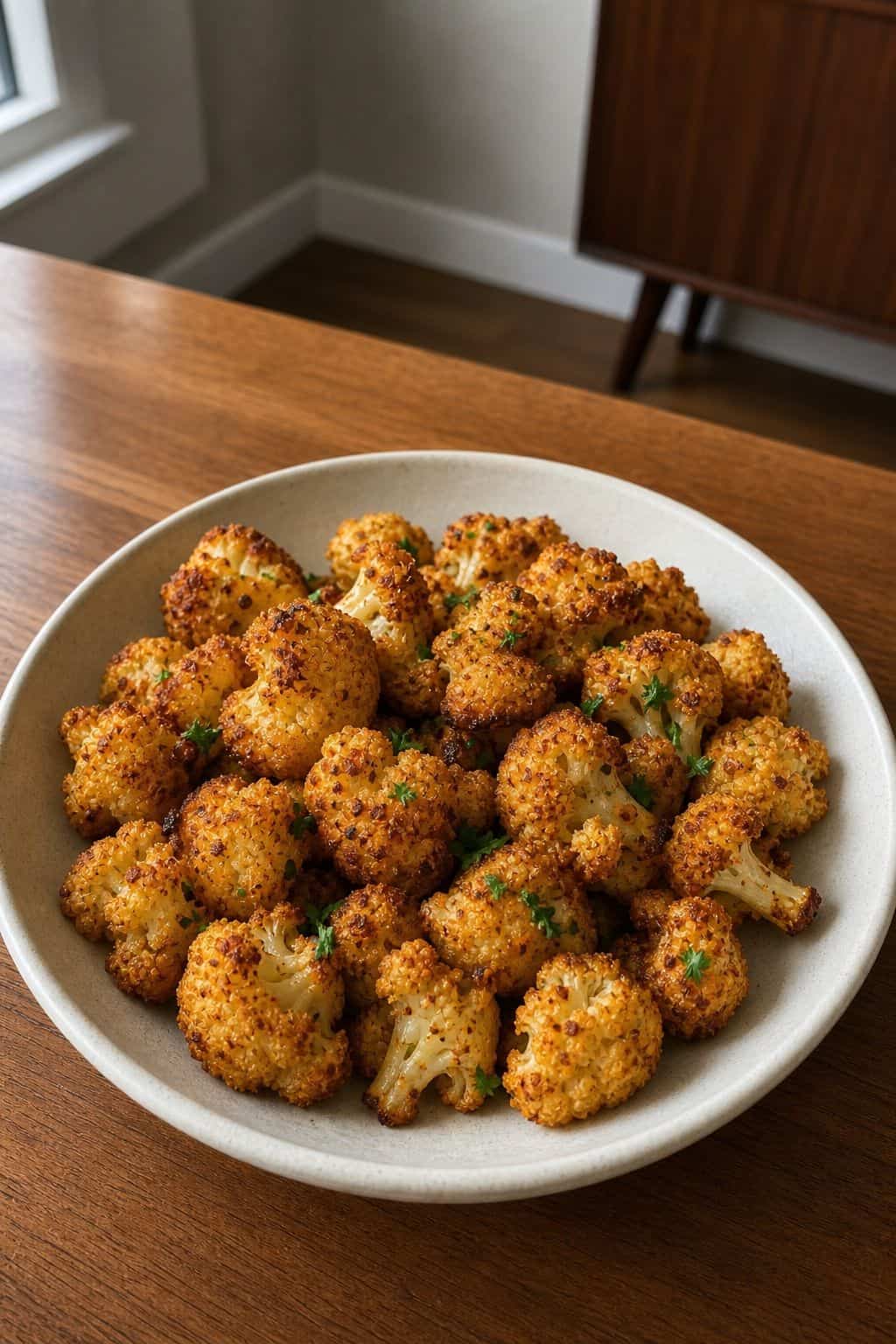 Crispy air fryer cauliflower florets with smoked paprika and parsley in a ceramic bowl.