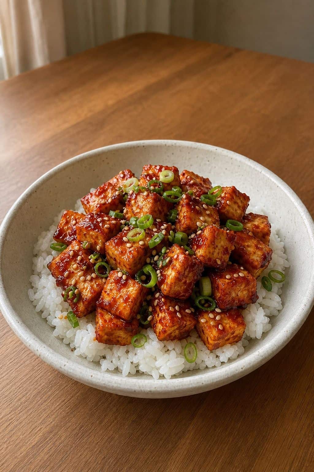 Crispy Gochujang Tofu Recipe (Baked) Crispy gochujang tofu cubes over white rice with scallions and sesame seeds