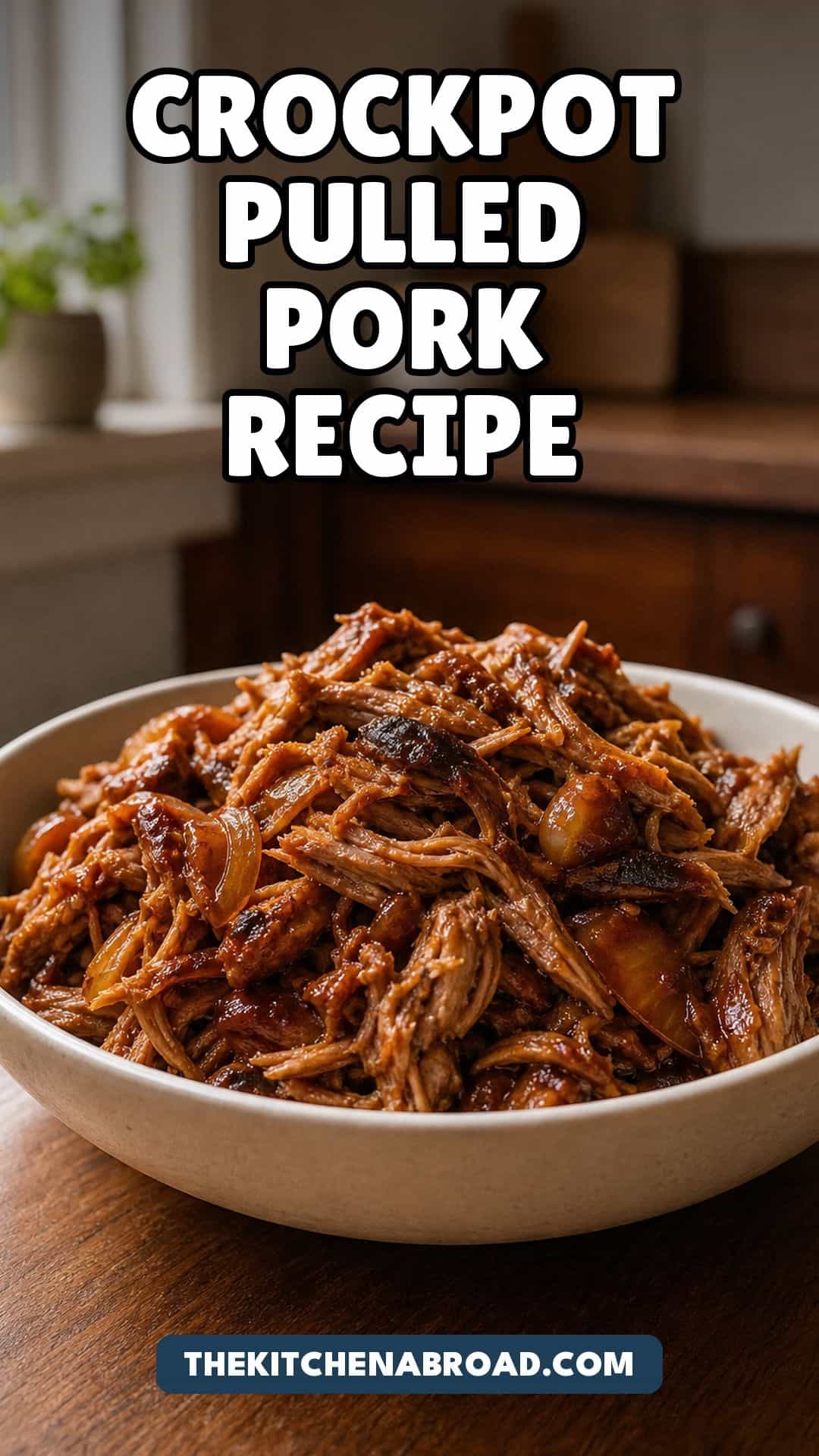 Crockpot Pulled Pork with BBQ Sauce (Slow Cooker, Tender) Crockpot pulled pork recipe pin with glossy shredded BBQ pork in a ceramic bowl.