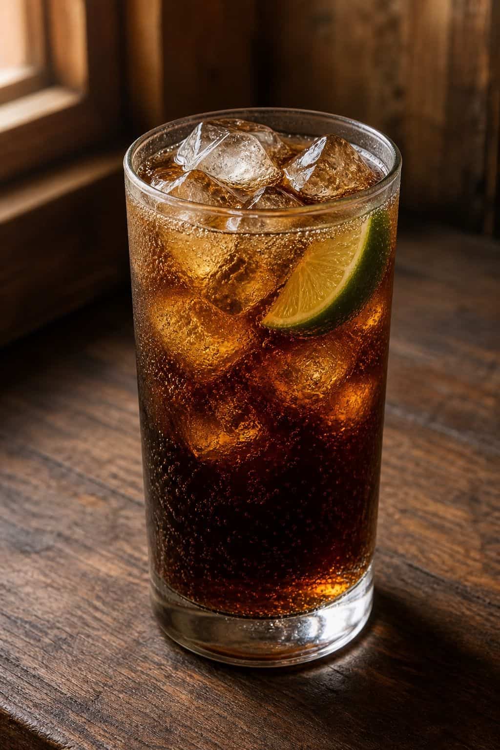 Cuba Libre Cocktail Recipe Classic Cuba Libre cocktail with cola bubbles and lime wedge