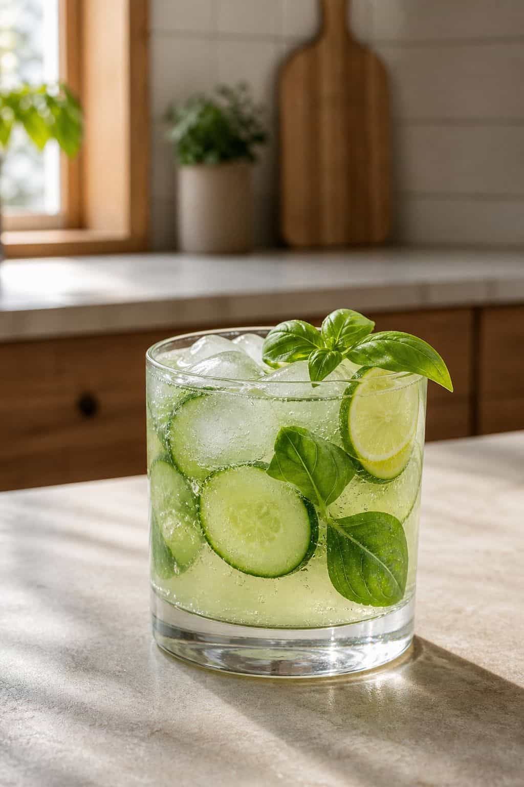 Cucumber Basil Citrus Mocktail Recipe Cucumber basil citrus mocktail in a glass with ice, cucumber, basil, and lime