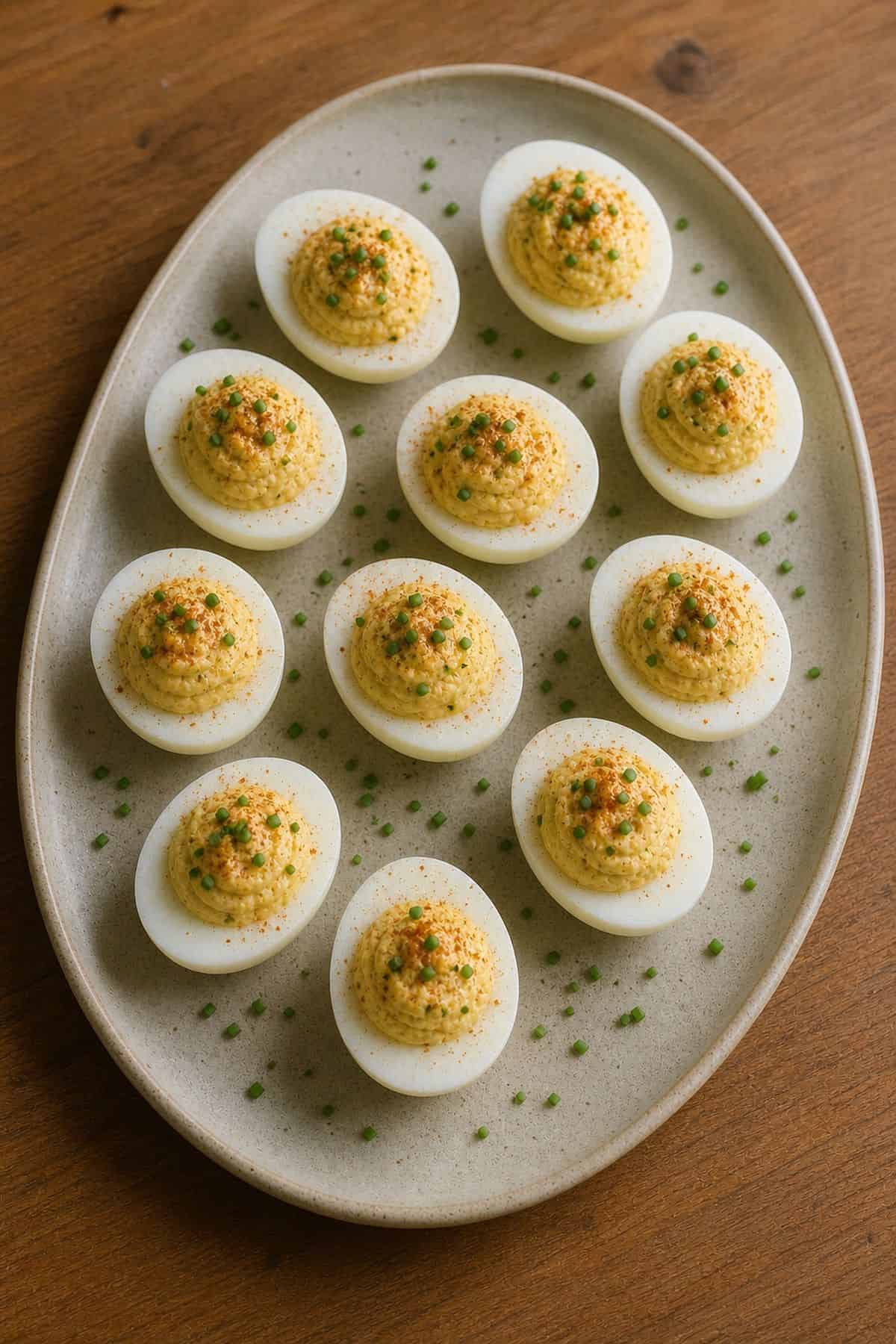 Deviled Eggs Recipe Classic deviled eggs with paprika and fresh chives on a ceramic platter