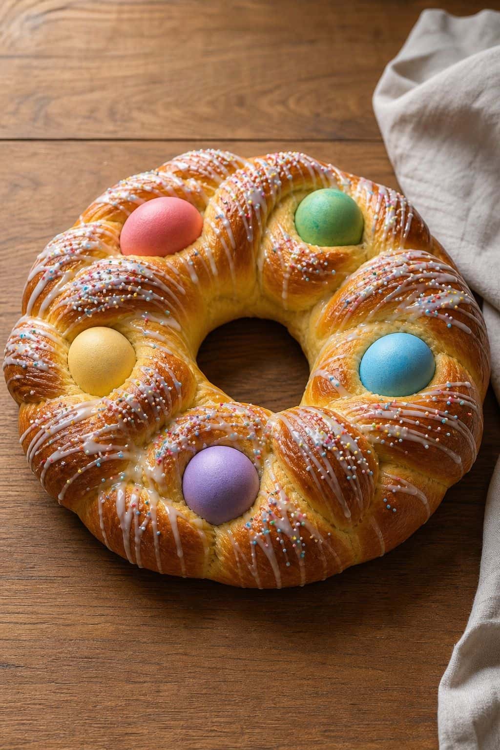 Easter Bread Recipe Italian Easter bread ring with pastel dyed eggs, vanilla glaze, and rainbow nonpareils