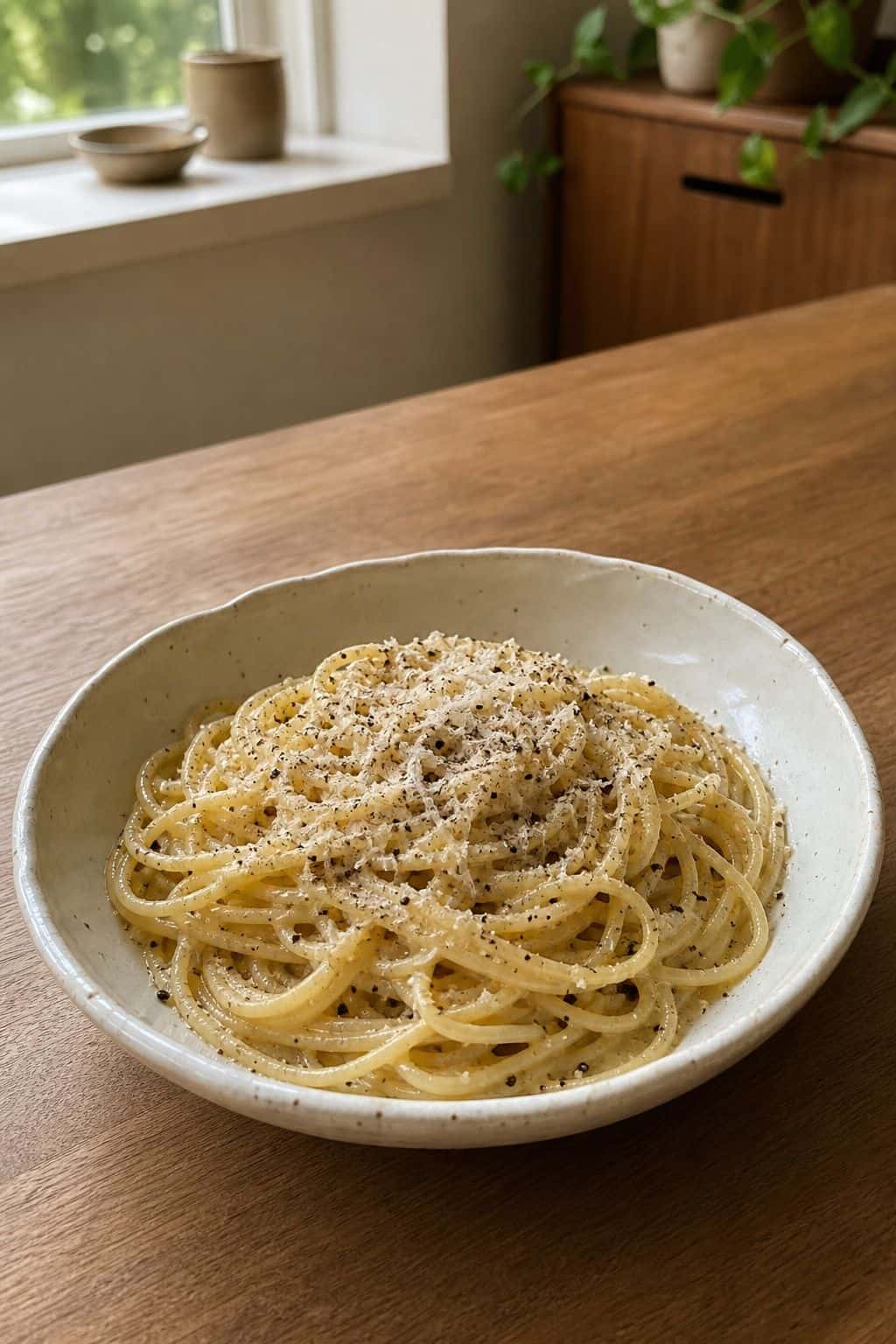 Easy Cacio e Pepe Recipe (Creamy, Classic, No Cream) Bowl of easy cacio e pepe spaghetti with Pecorino Romano and cracked black pepper
