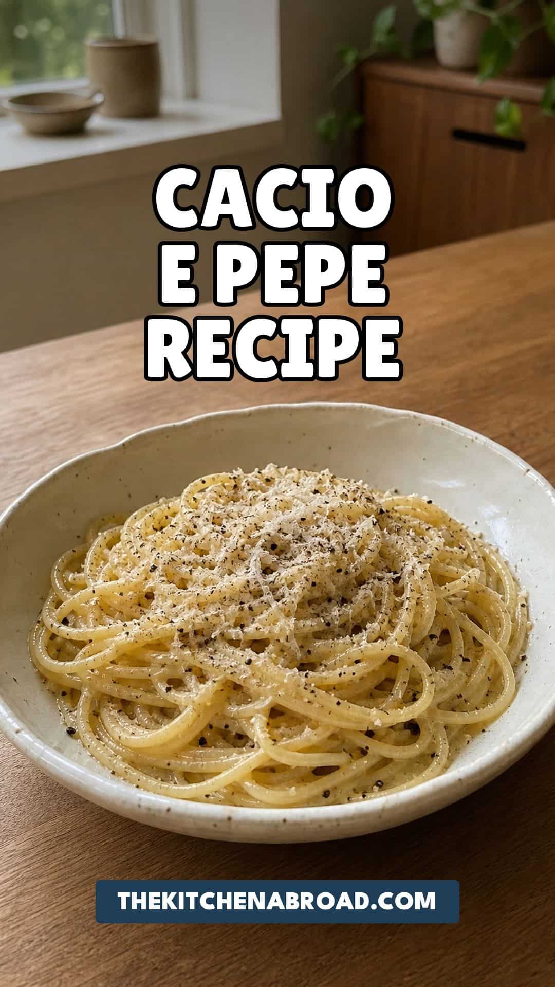 Easy Cacio e Pepe Recipe (Creamy, Classic, No Cream) Pinterest pin for easy cacio e pepe recipe with spaghetti, Pecorino Romano, and black pepper