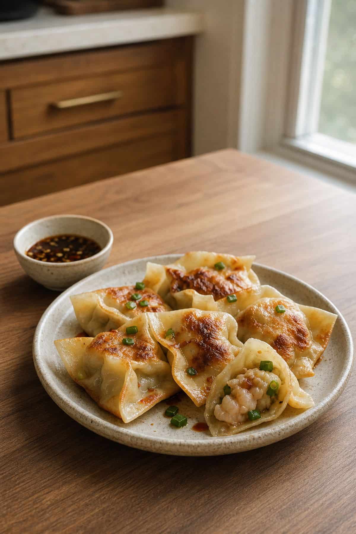 Easy Chicken and Shrimp Dumplings Using Wonton Wrappers Pan-fried chicken and shrimp dumplings on a ceramic plate with dipping sauce.