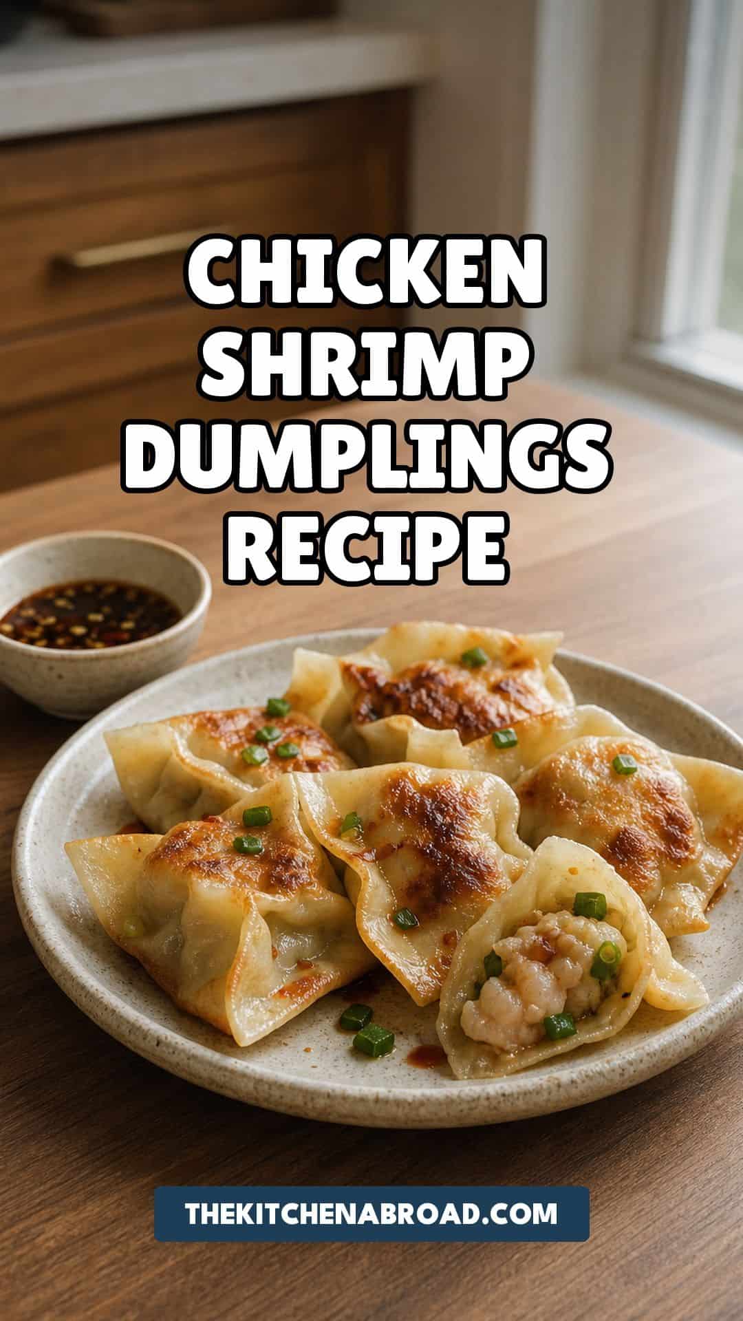 Easy Chicken and Shrimp Dumplings Using Wonton Wrappers Chicken and shrimp dumplings recipe pin with pan-fried wonton dumplings.