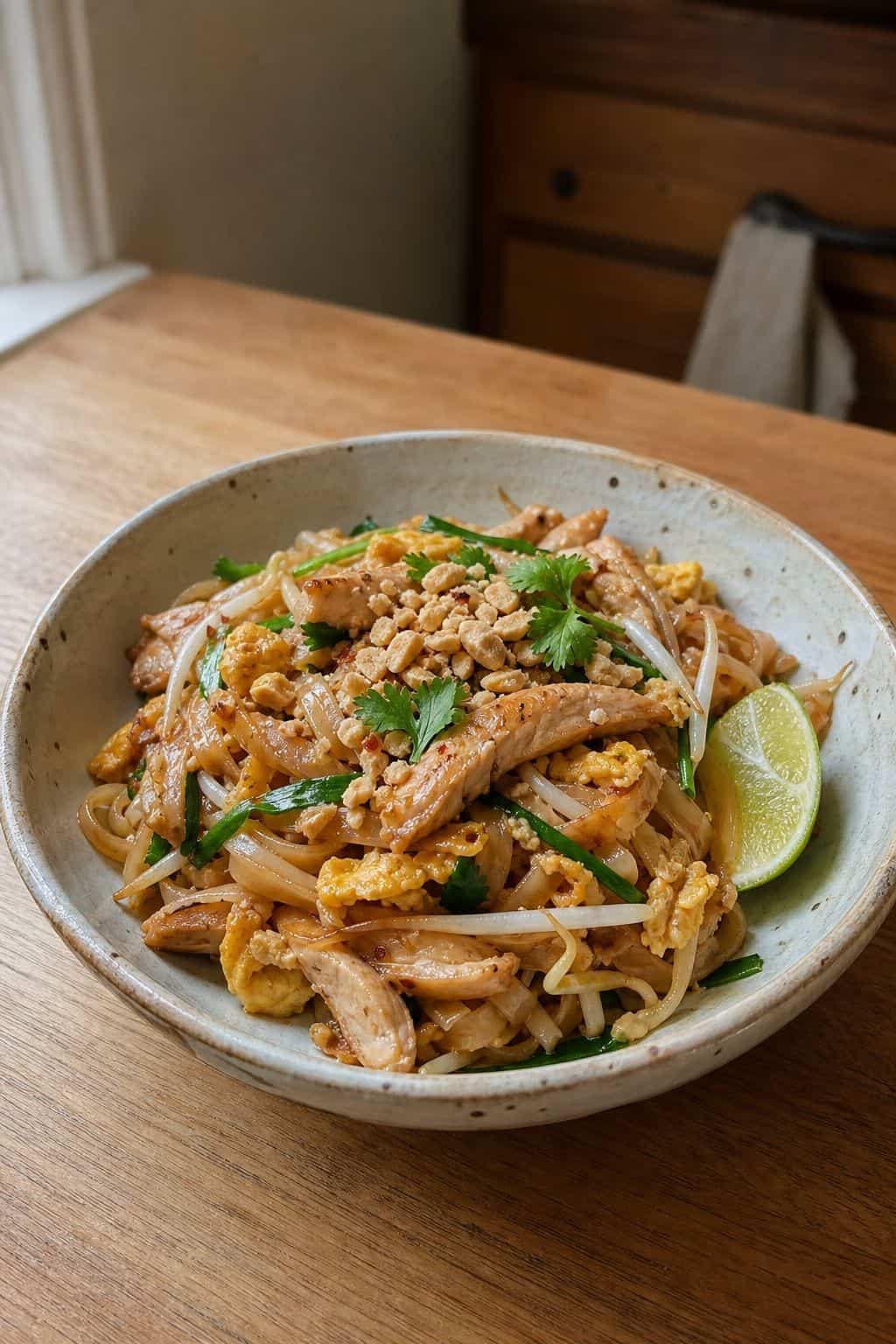 Easy Chicken Pad Thai (Tamarind Sauce, 25 Minutes) served in a rustic bowl