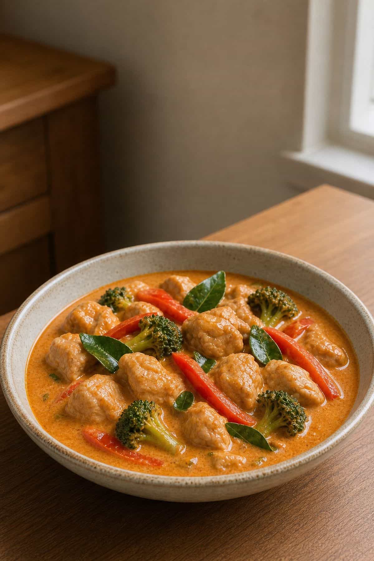 Easy chicken Panang Thai curry with creamy coconut curry sauce, chicken, bell pepper, broccoli, and kaffir lime leaves.