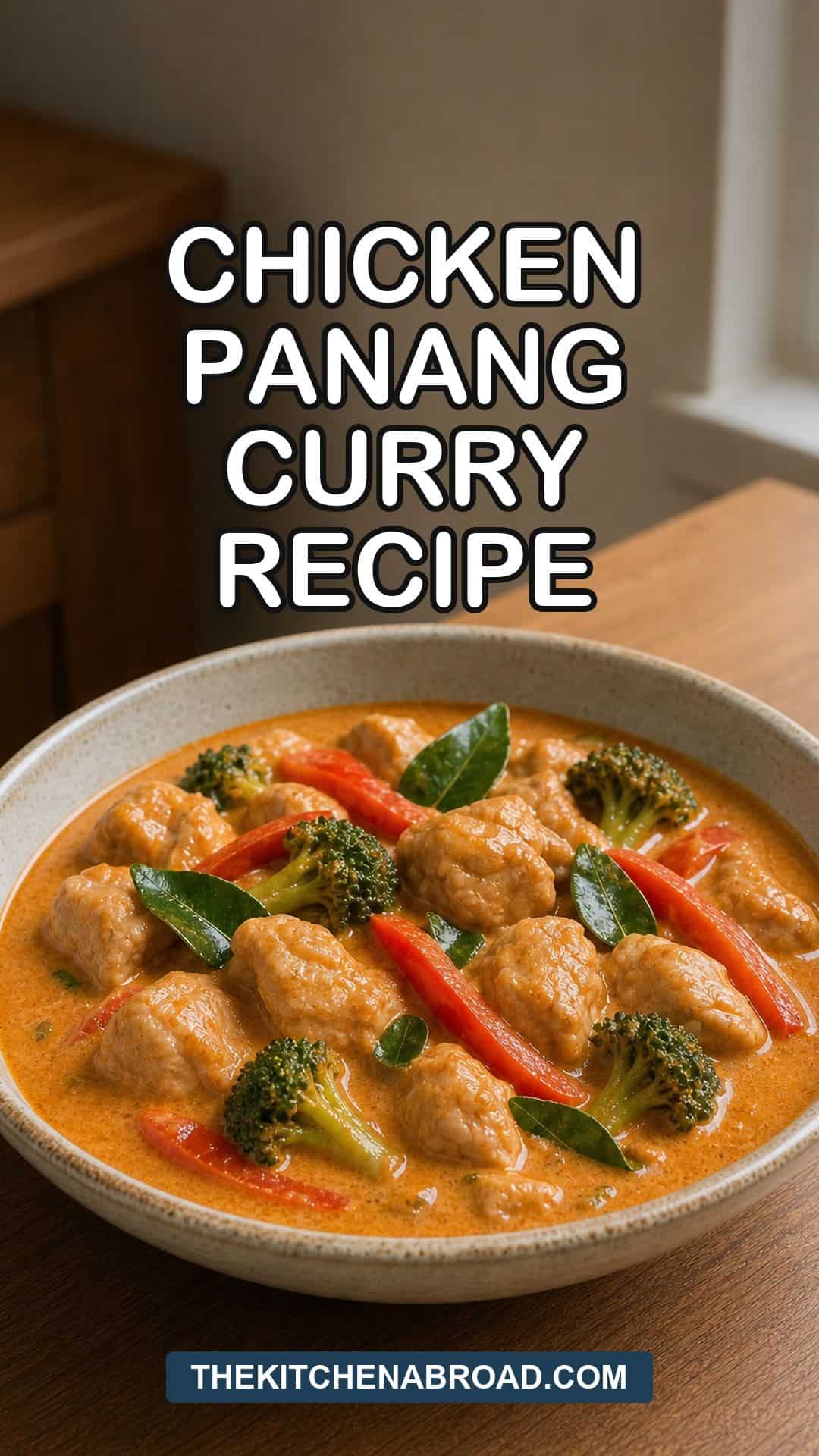 Easy chicken Panang Thai curry recipe Pinterest pin with a bowl of creamy red curry, chicken, bell pepper, and broccoli.