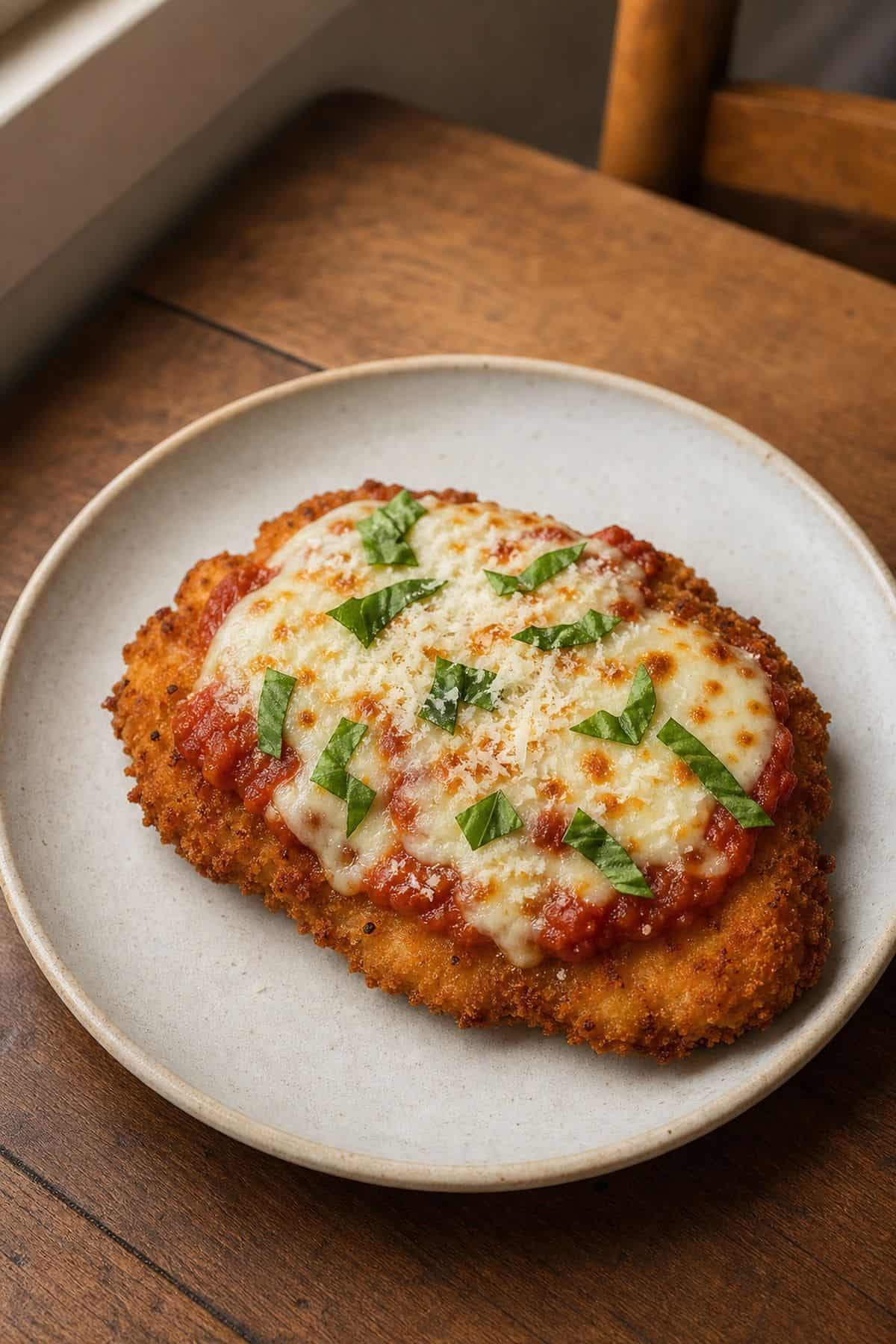 Chicken Parmesan Recipe (Crispy, Italian-American Classic) Easy chicken parmesan with tomato sauce and melted cheese on a rustic plate.